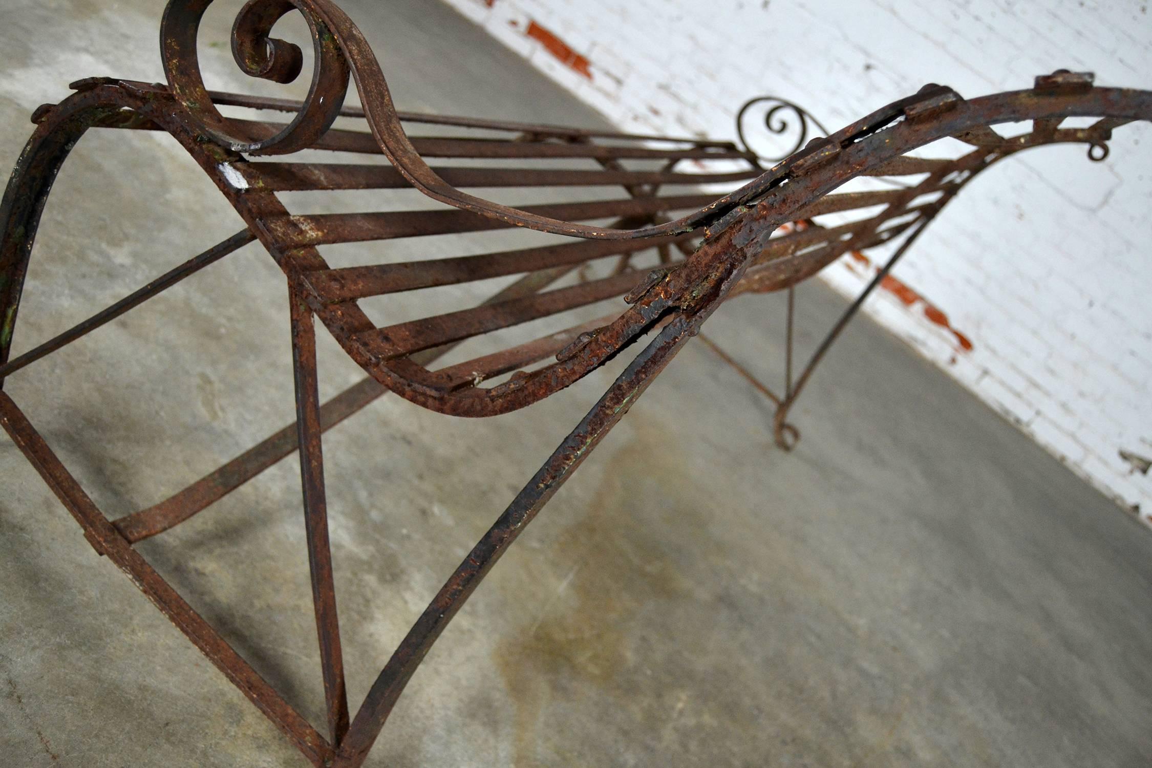Antique 19th Century Forged Strap Iron Garden Bench In Distressed Condition In Topeka, KS