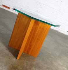 Teak X-Base Octagon Glass Topped Side Table Vintage Scandinavian Modern