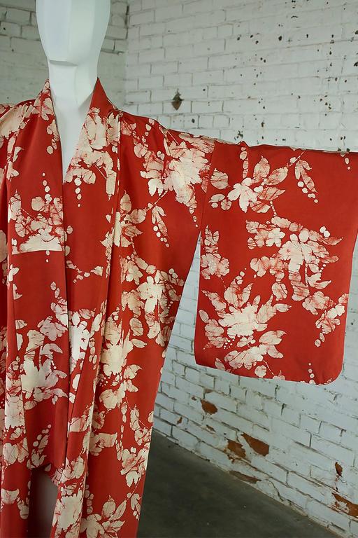 Vintage Japanese Vermillion Red and Cream Floral Full Length Silk ...