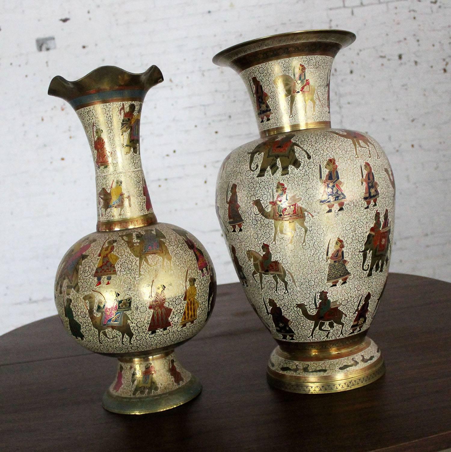 Pair of Etched and Enameled Cast Brass Vases Kashmiri Indo Persian Vases 2