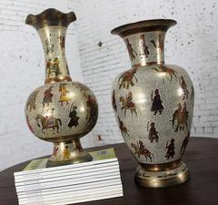 Pair of Etched and Enameled Cast Brass Vases Kashmiri Indo Persian Vases