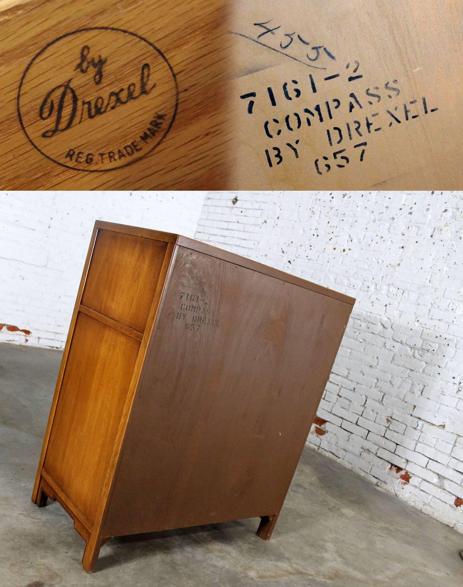 Wood Compass by Drexel Five-Drawer Campaign Chest of Drawers, Vintage, Mid-Century