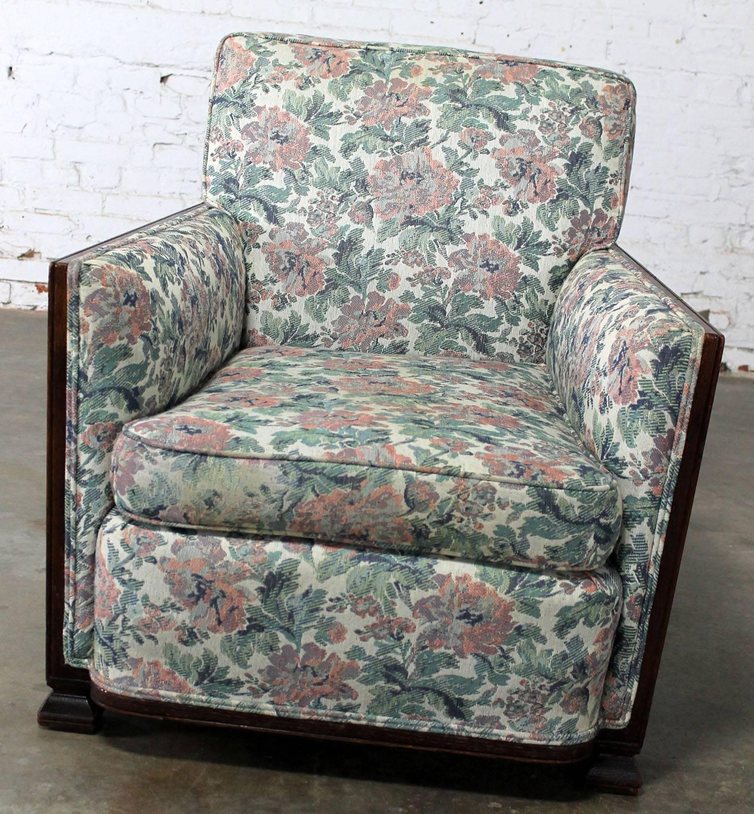 Vintage Art Deco to Arts & Crafts Oak and Upholstered Club Chair In Good Condition For Sale In Topeka, KS