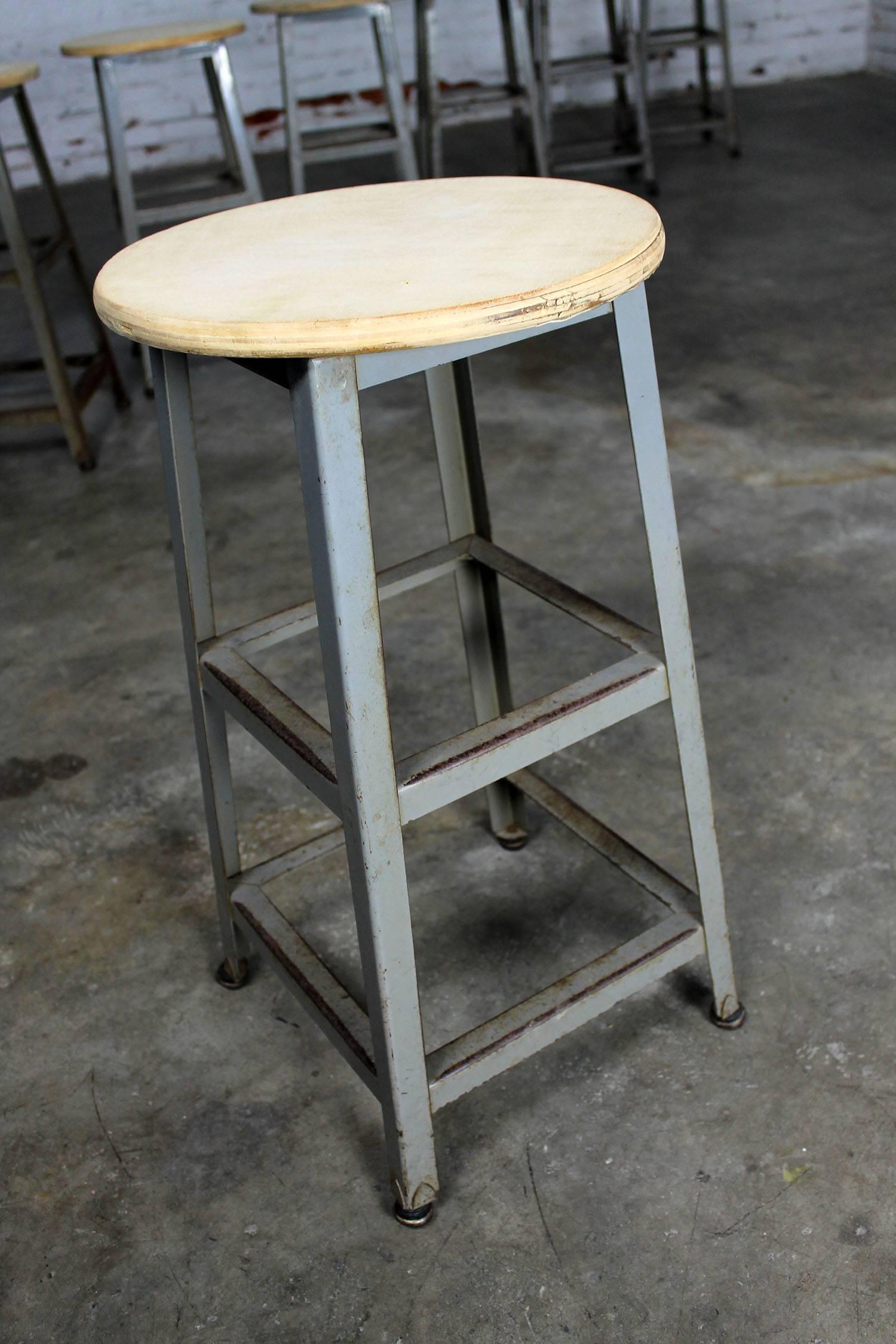 American Industrial Counter Height Stools Vintage Patinated Steel