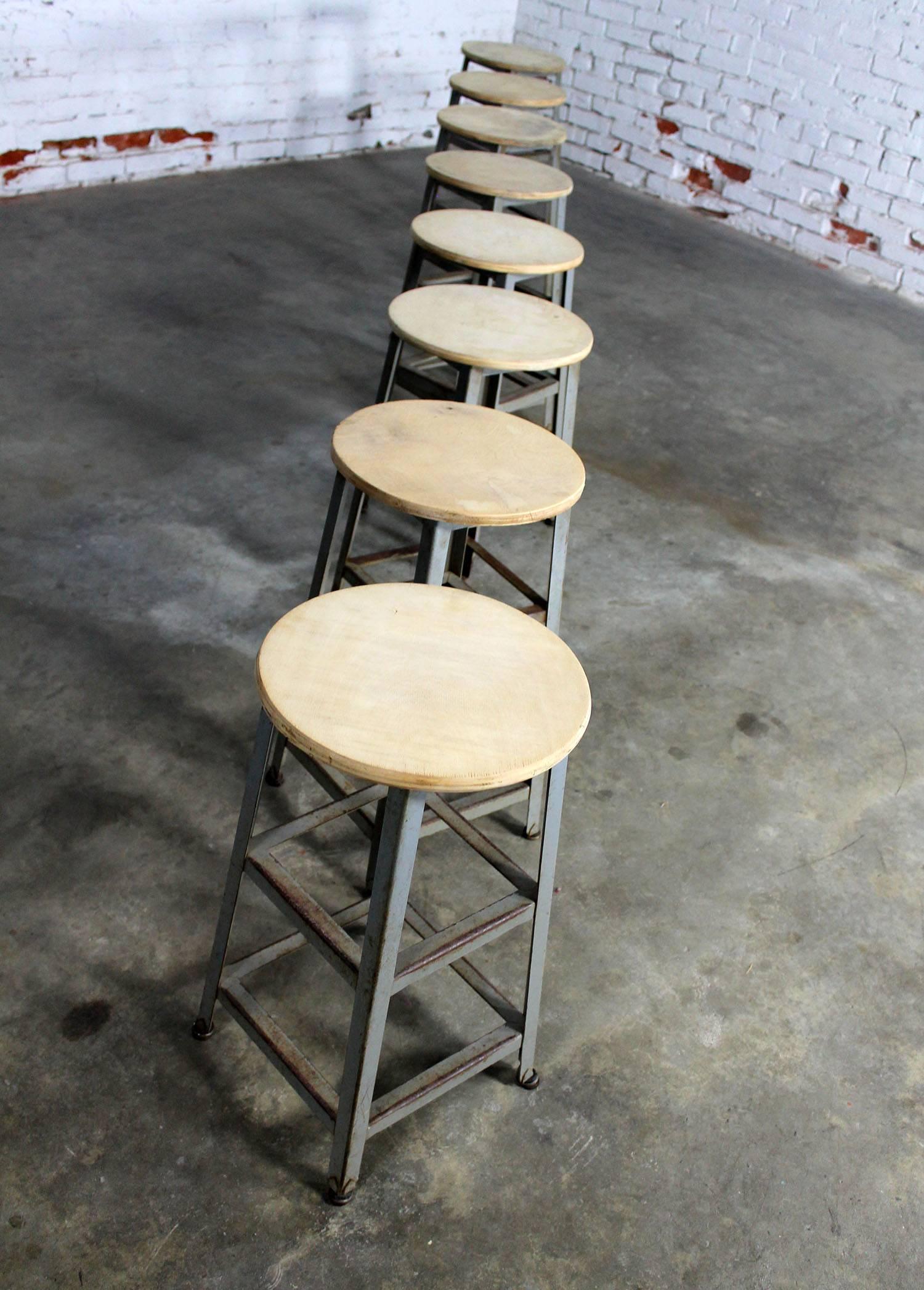 Industrial Counter Height Stools Vintage Patinated Steel In Distressed Condition In Topeka, KS