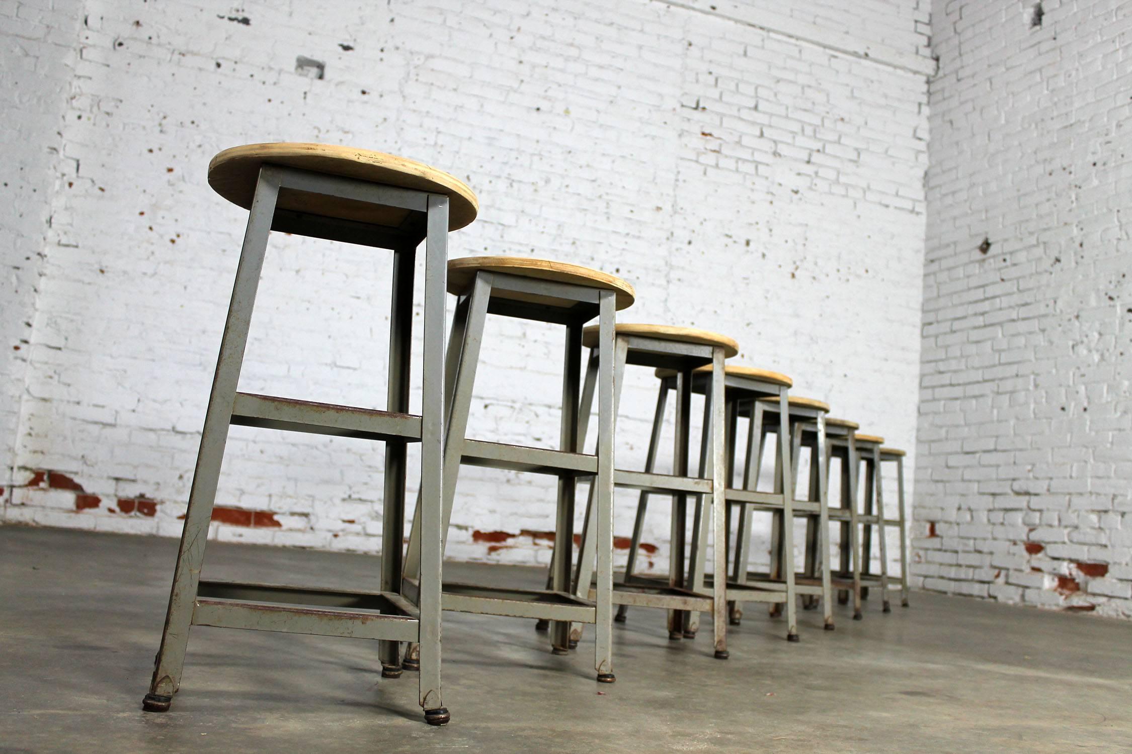 20th Century Industrial Counter Height Stools Vintage Patinated Steel