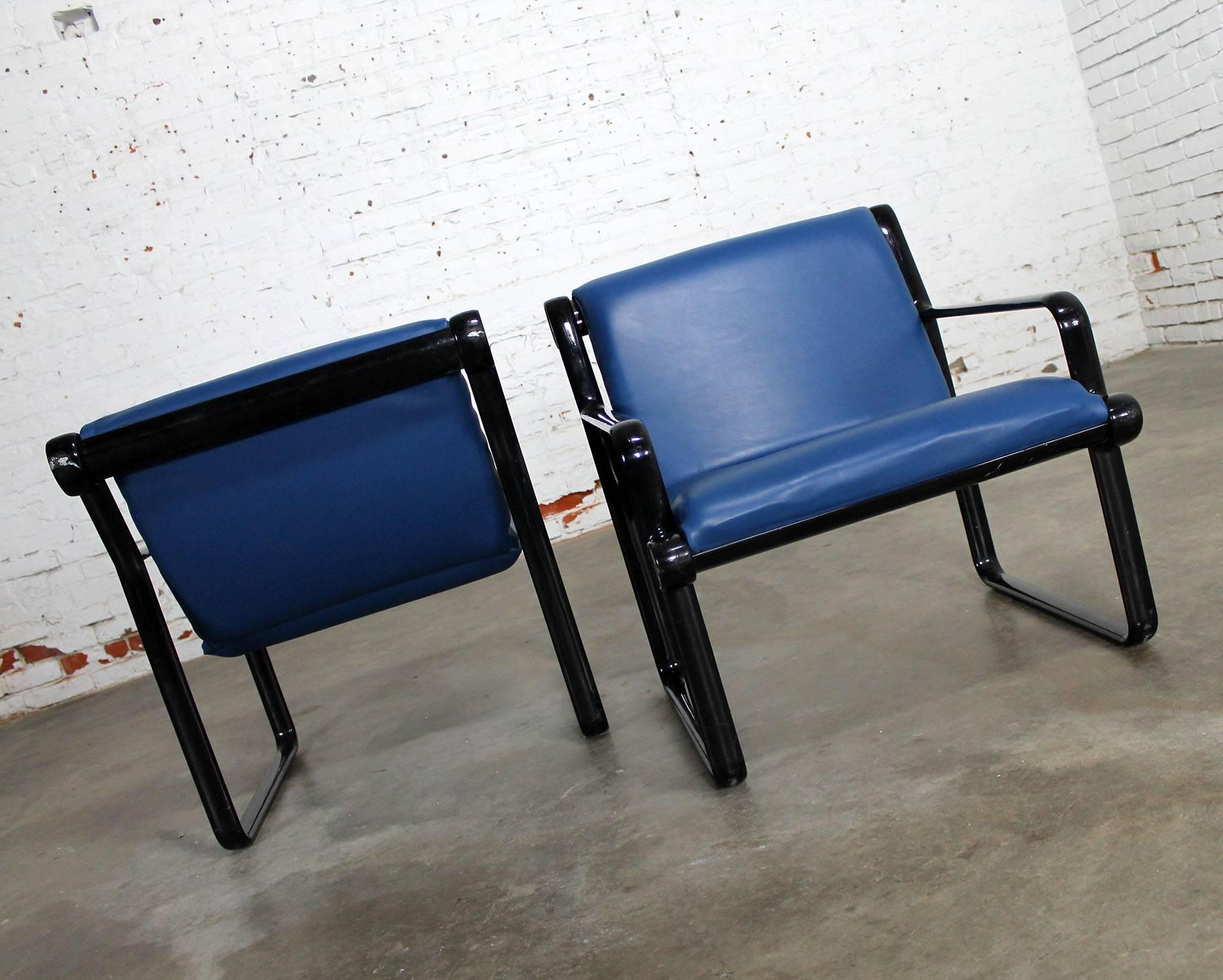 Modern Pair of Hannah Morrison for Knoll Sling Armchairs in Black and Blue For Sale