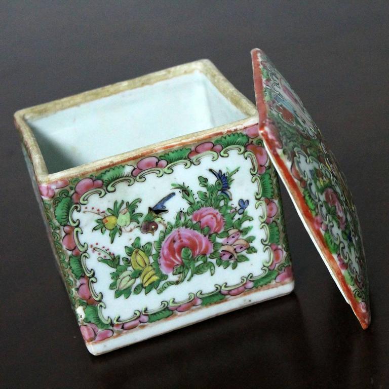 Antique Chinese Qing Rose Medallion Porcelain Square Tea Caddy Box at