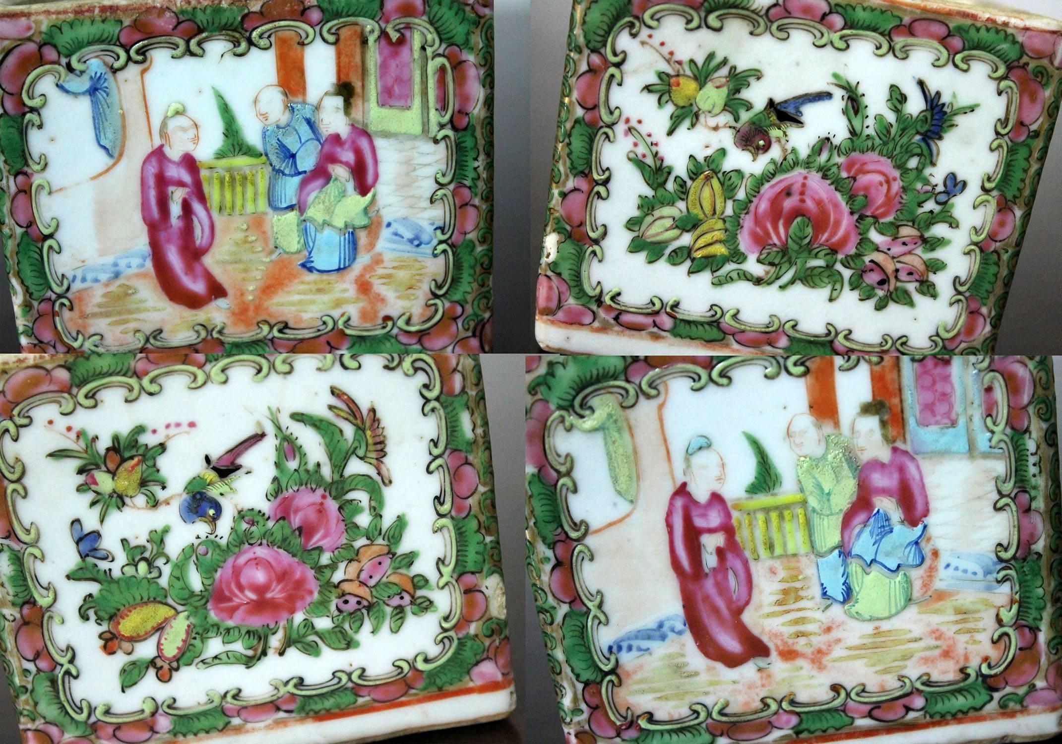 Hand-Painted Antique Chinese Qing Rose Medallion Porcelain Square Tea Caddy Box