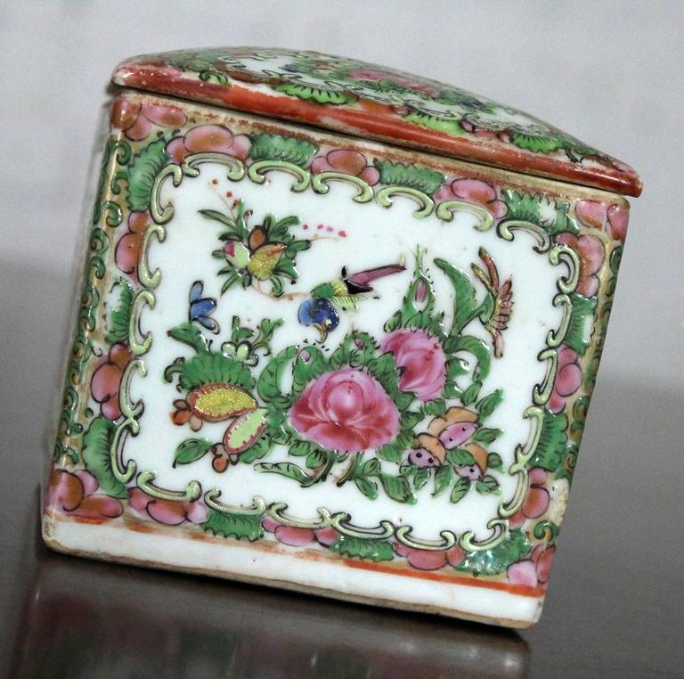 Antique Chinese Qing Rose Medallion Porcelain Square Tea Caddy Box at