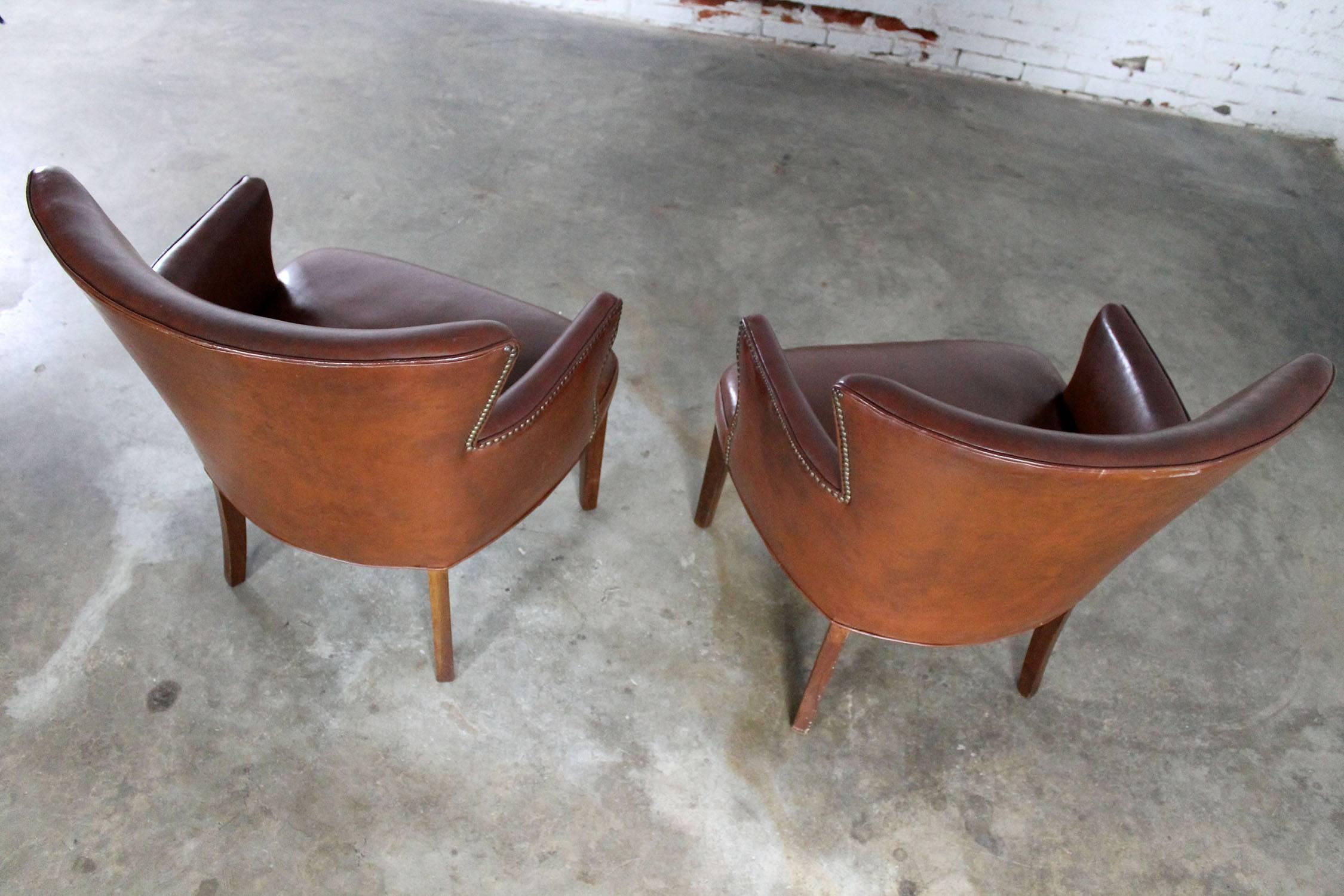 Art Deco Pair of Petite Brown Faux Leather Armchairs with Nail Head Accent 1