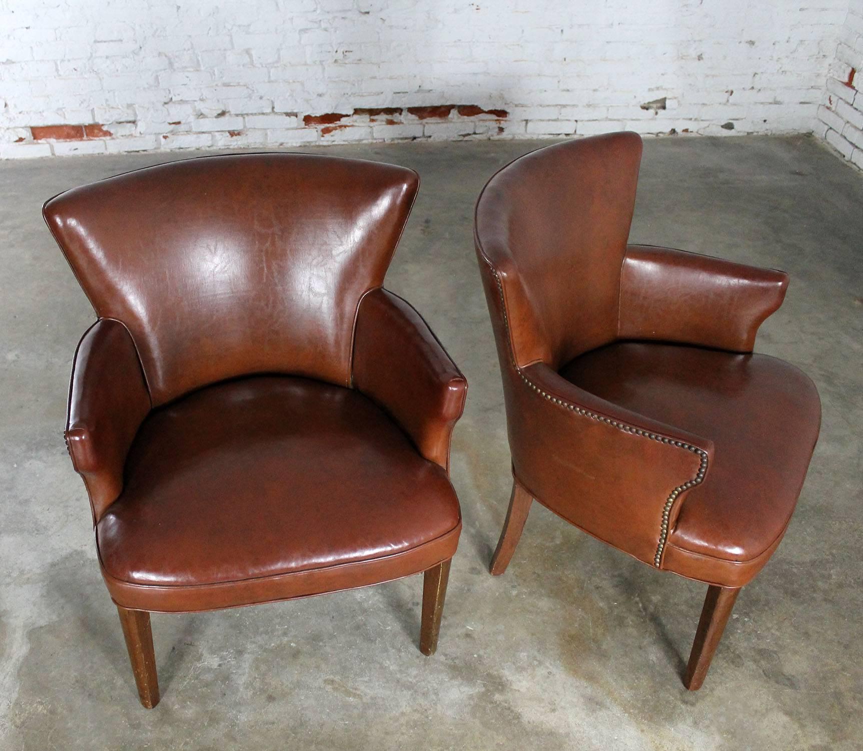 Art Deco Pair of Petite Brown Faux Leather Armchairs with Nail Head Accent 2