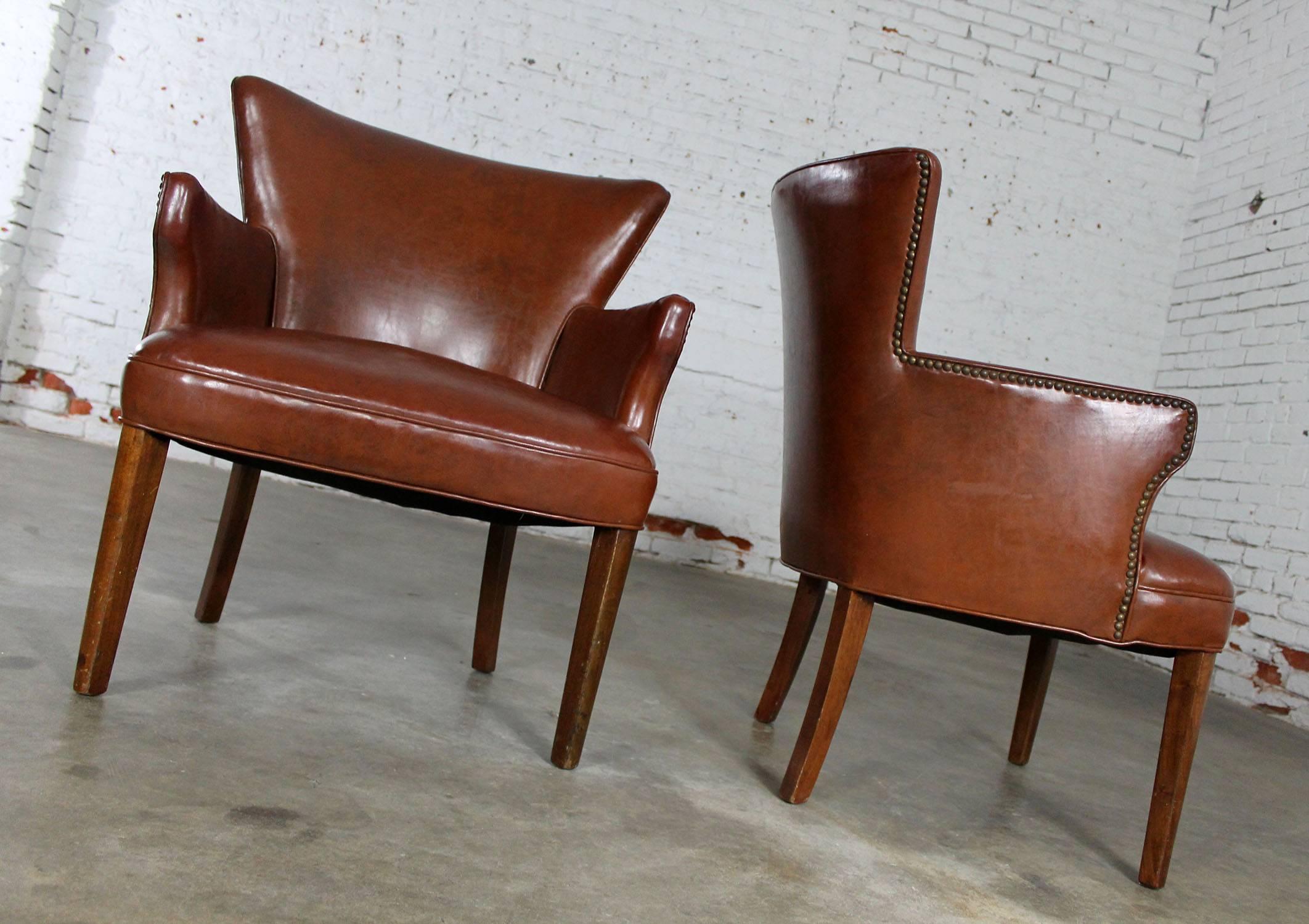 Art Deco Pair of Petite Brown Faux Leather Armchairs with Nail Head Accent 3