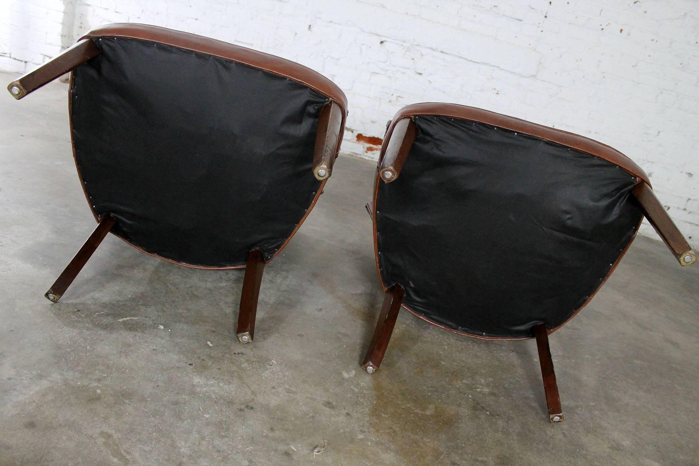 Art Deco Pair of Petite Brown Faux Leather Armchairs with Nail Head Accent 5