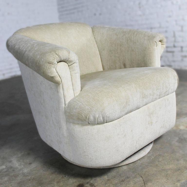 Barrel Shaped off White Vintage Swivel Club Chair with Rolled Arms For