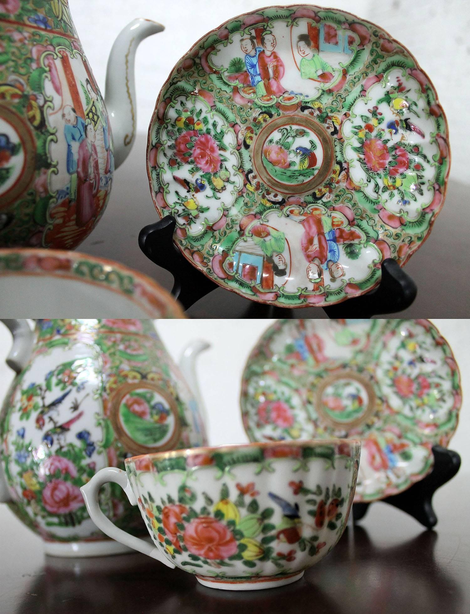 Hand-Painted Antique Chinese Qing Rose Medallion Porcelain Teapot Single Teacup and Saucer