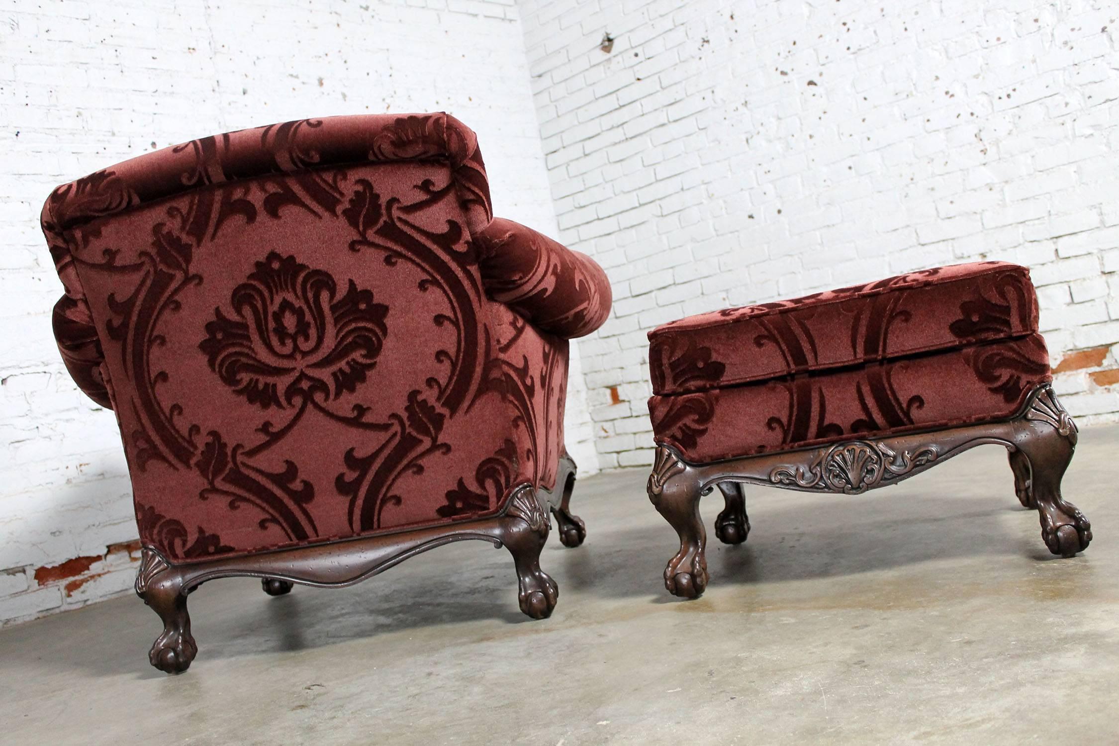 Chippendale Hancock and Moore Burgundy Sculpted Mohair Lounge Chair and Ottoman
