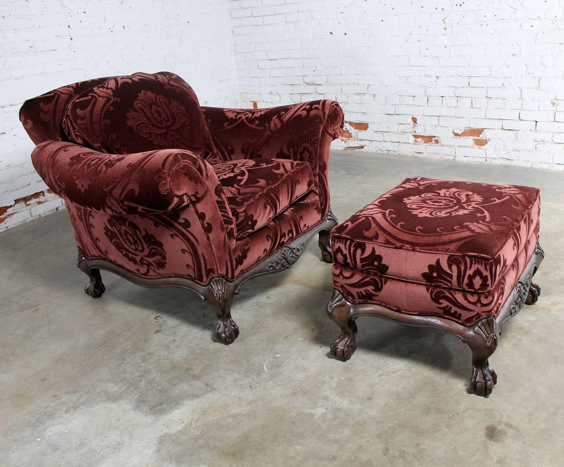 American Hancock and Moore Burgundy Sculpted Mohair Lounge Chair and Ottoman
