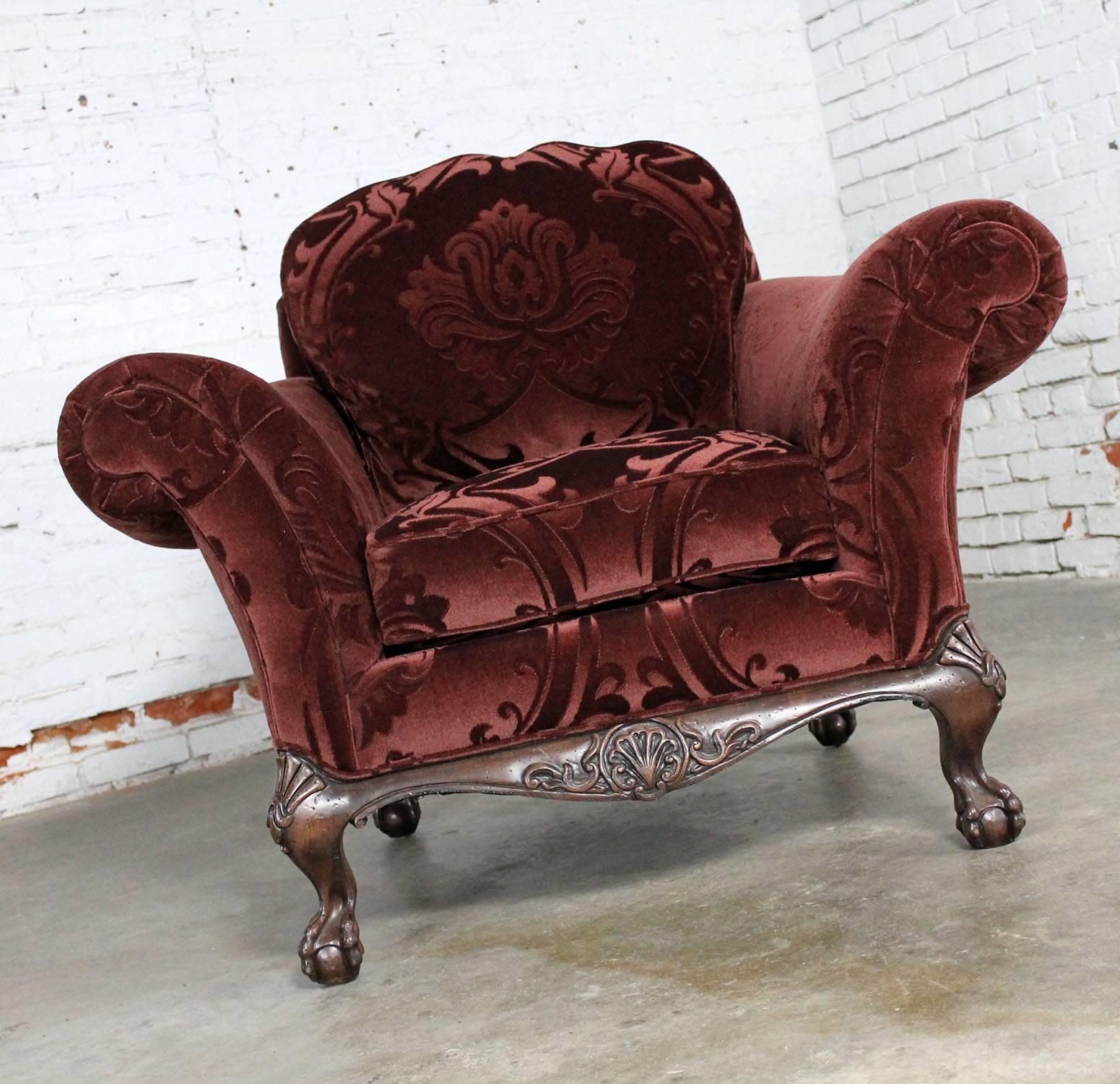 20th Century Hancock and Moore Burgundy Sculpted Mohair Lounge Chair and Ottoman