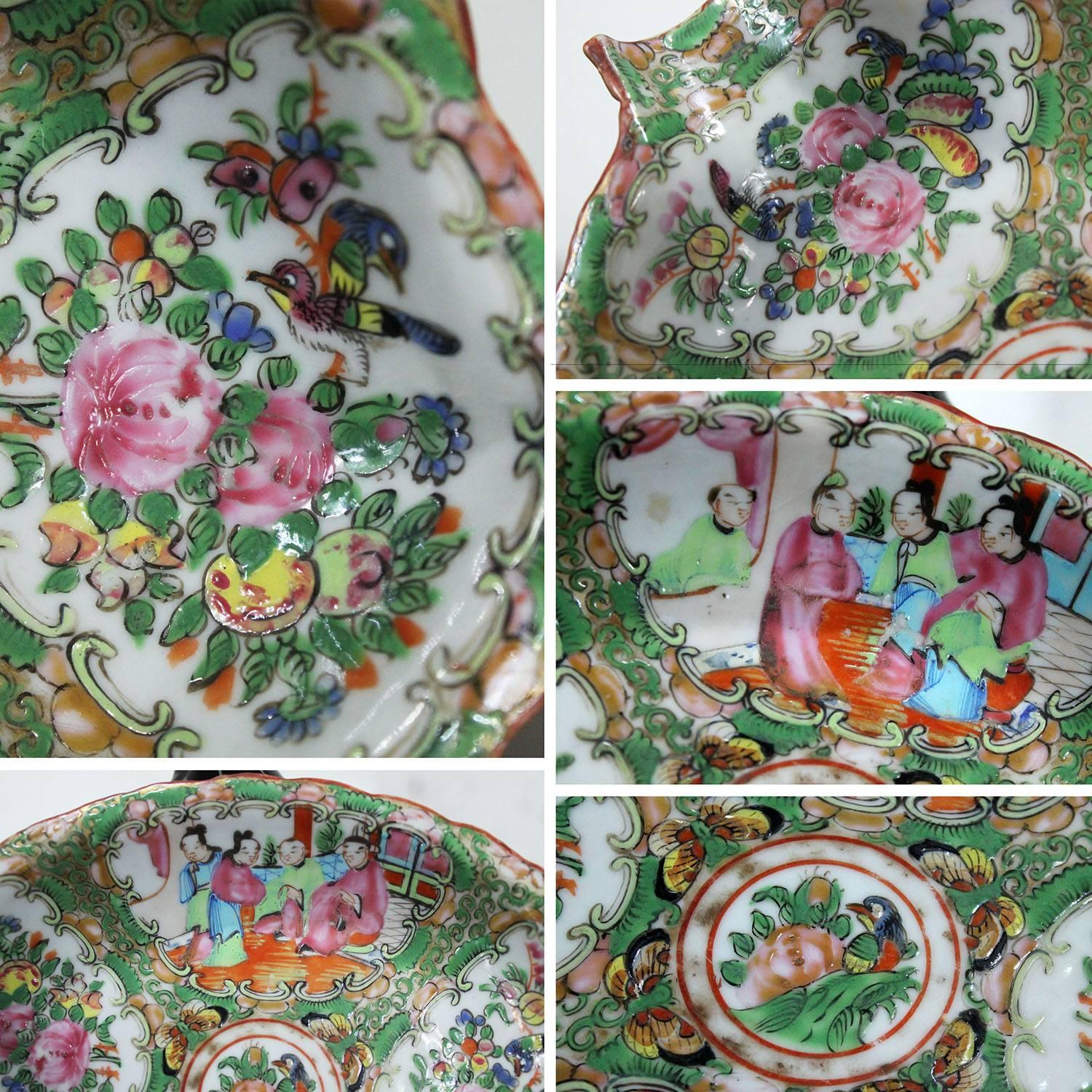 Antique Chinese Qing Rose Medallion Porcelain Leaf Shaped Dish or Tray 5