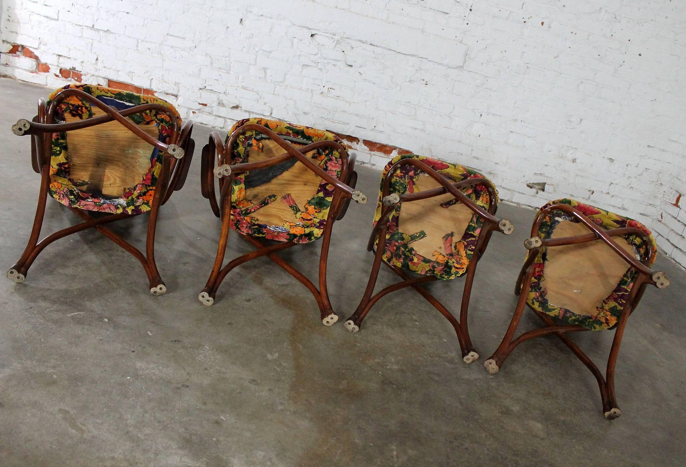 Art Deco Antique Gebruder Thonet Bentwood Chairs Upholstered Back and Seat Set of Four