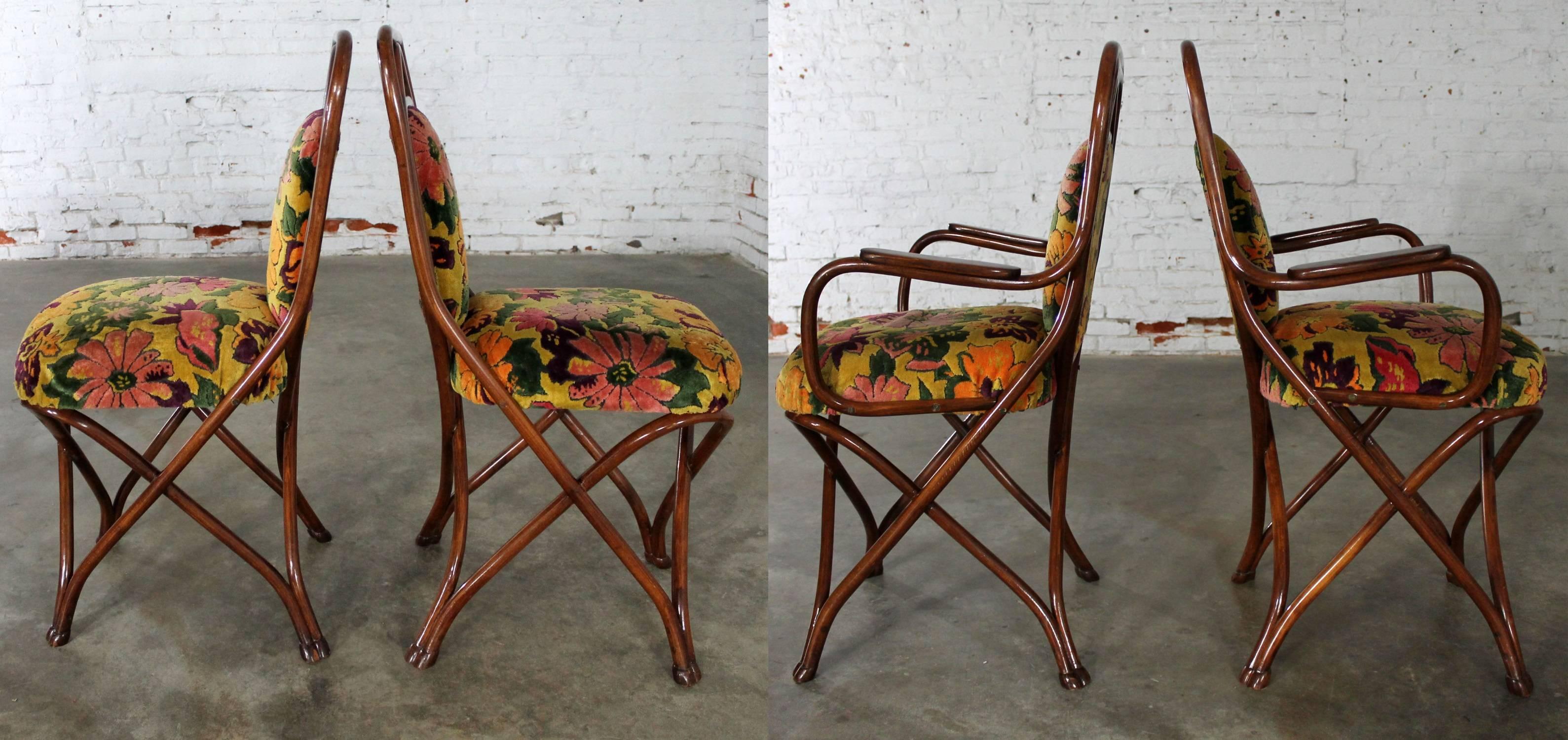 German Antique Gebruder Thonet Bentwood Chairs Upholstered Back and Seat Set of Four