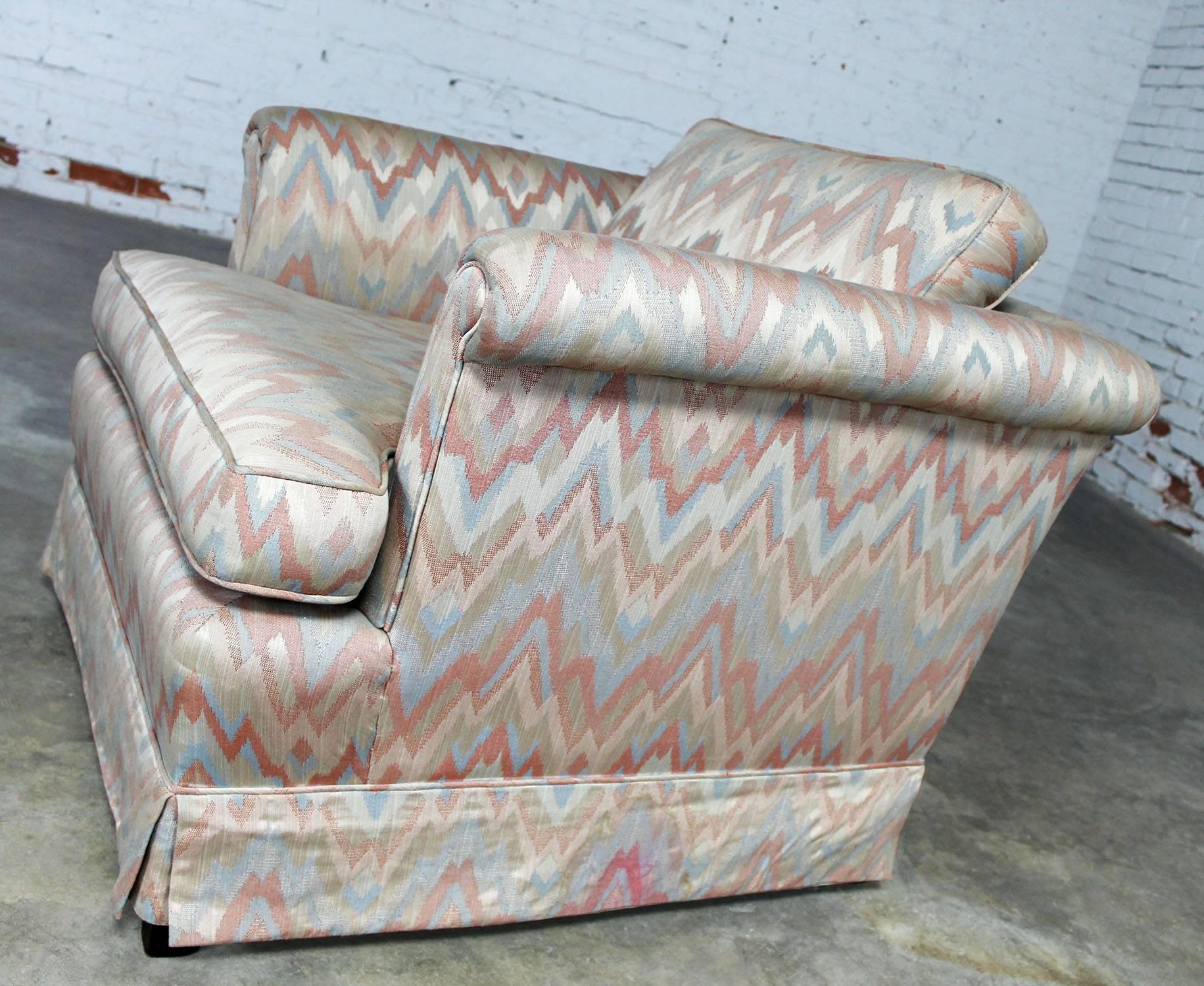 Tuxedo Style Skirted Lounge Chair with Rolled Arms and Flame Stitch Upholstery In Good Condition In Topeka, KS