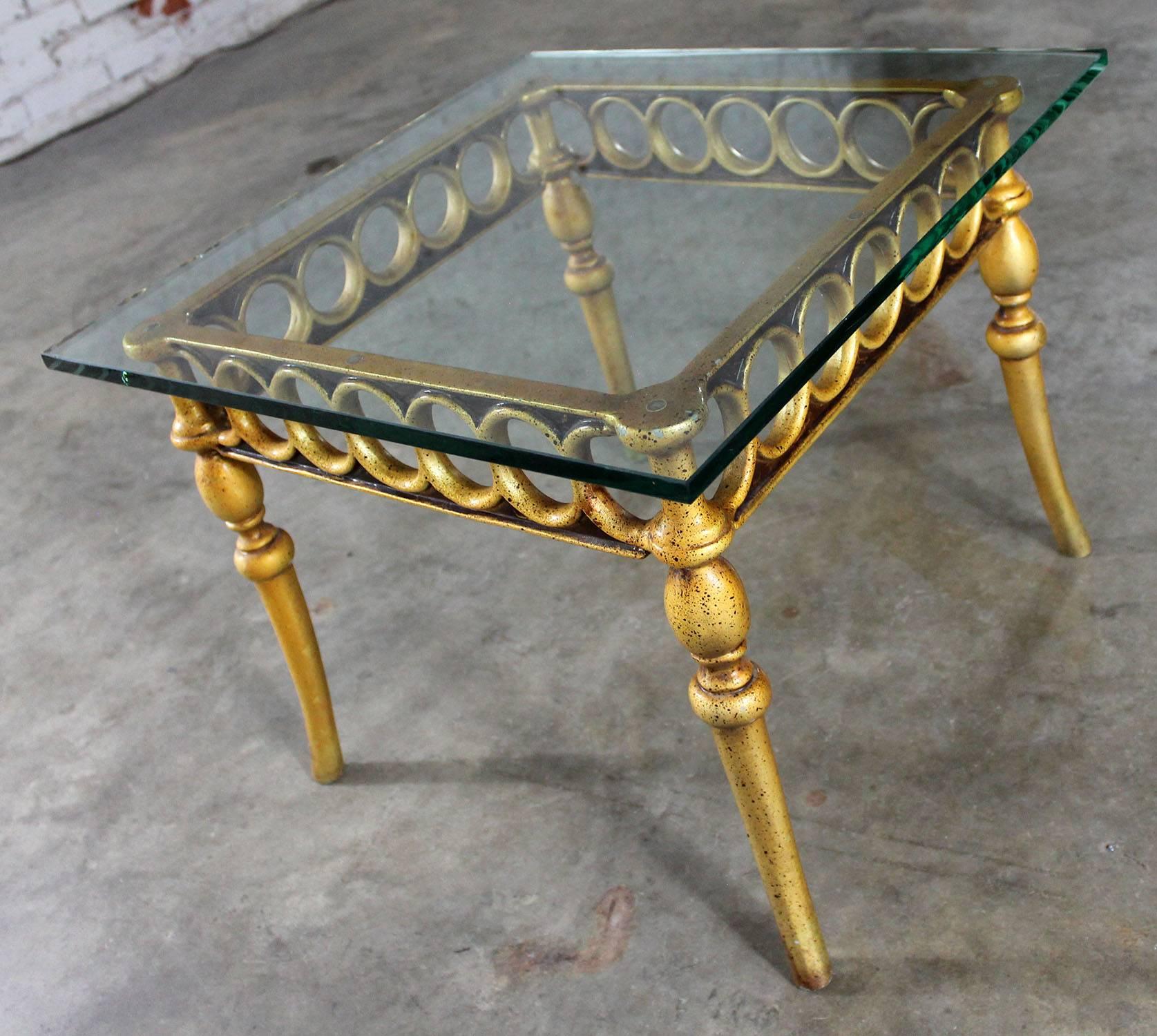 Painted Hollywood Regency Art Deco Style Glass Topped Side Table of Gilded Cast Aluminum