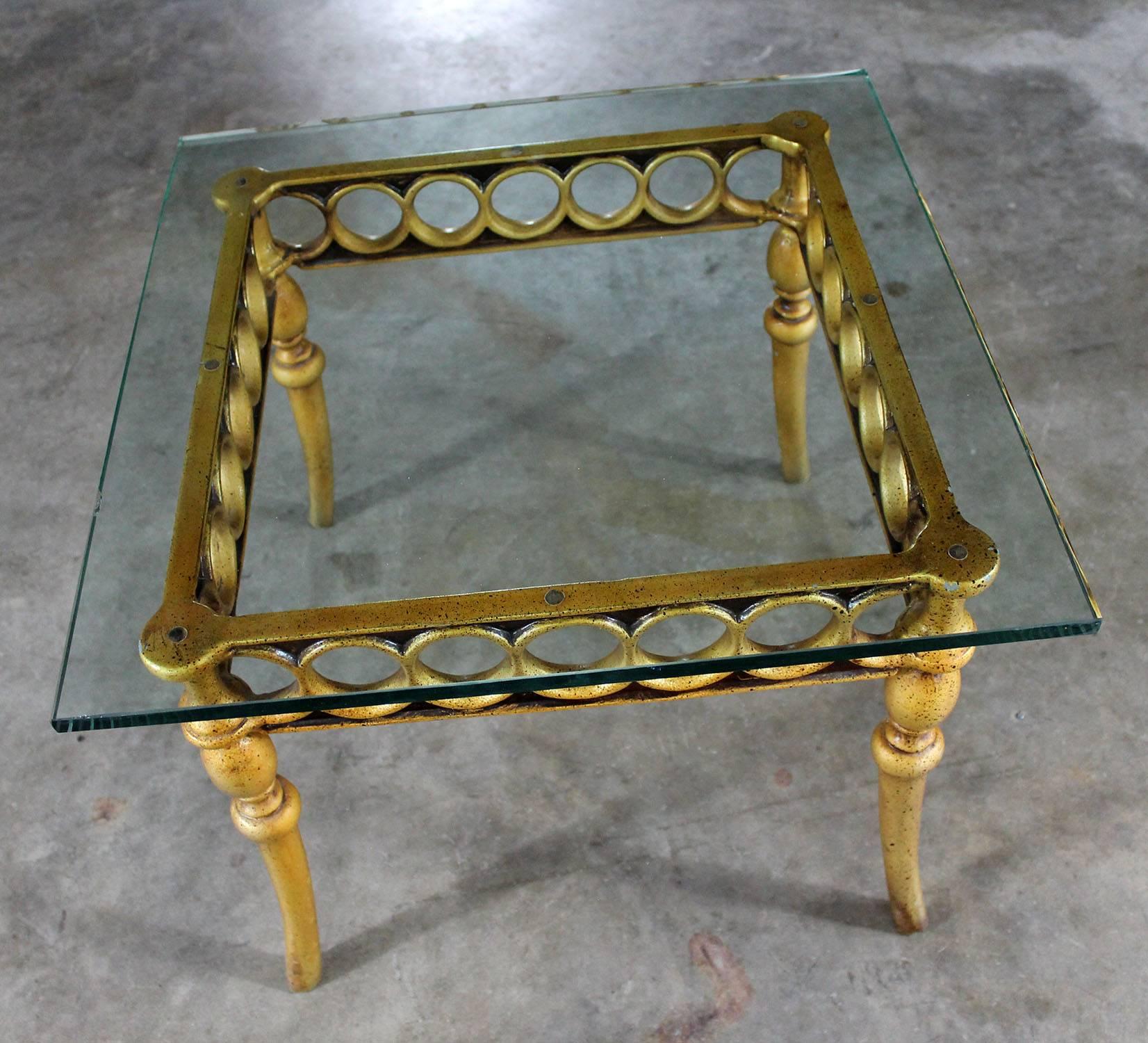 Hollywood Regency Art Deco Style Glass Topped Side Table of Gilded Cast Aluminum In Good Condition In Topeka, KS