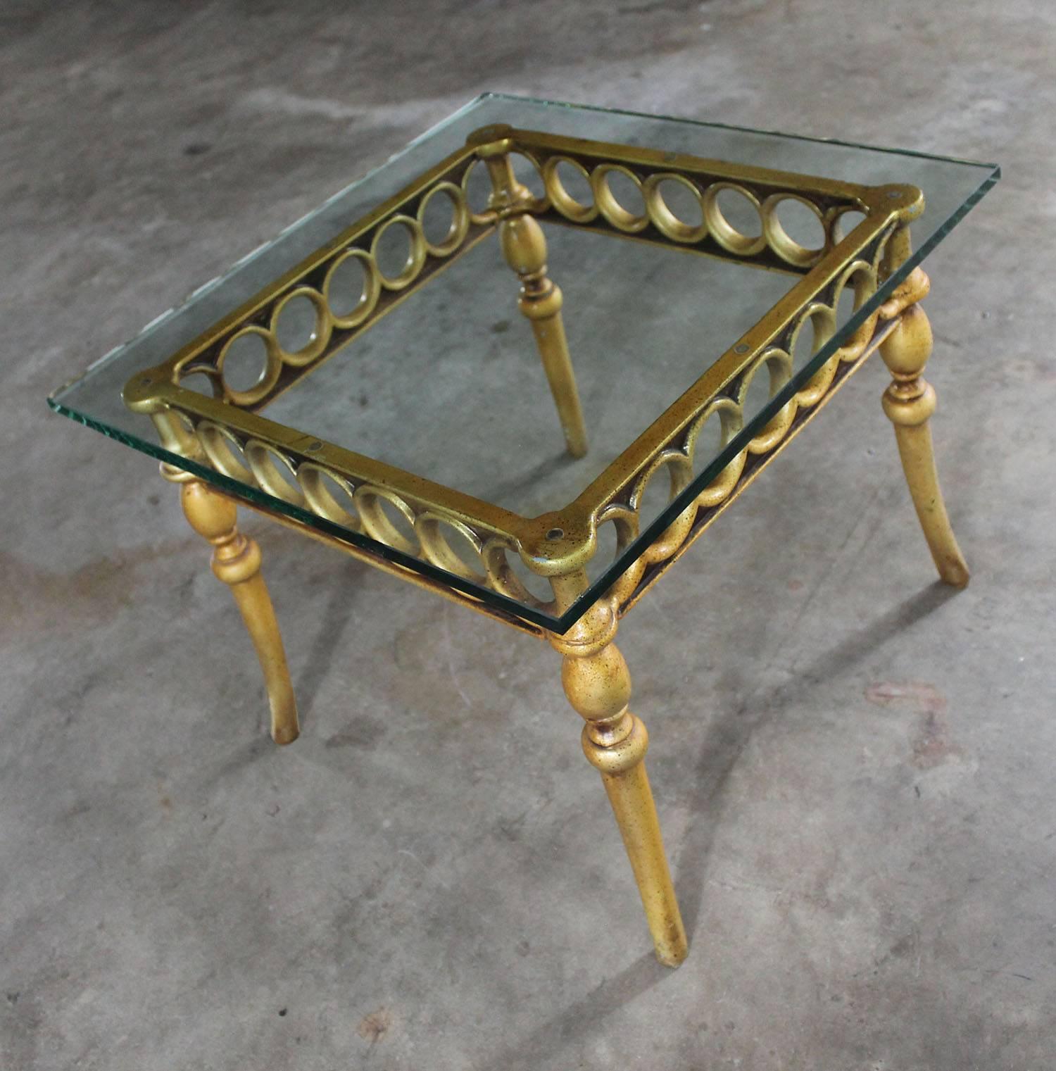 20th Century Hollywood Regency Art Deco Style Glass Topped Side Table of Gilded Cast Aluminum