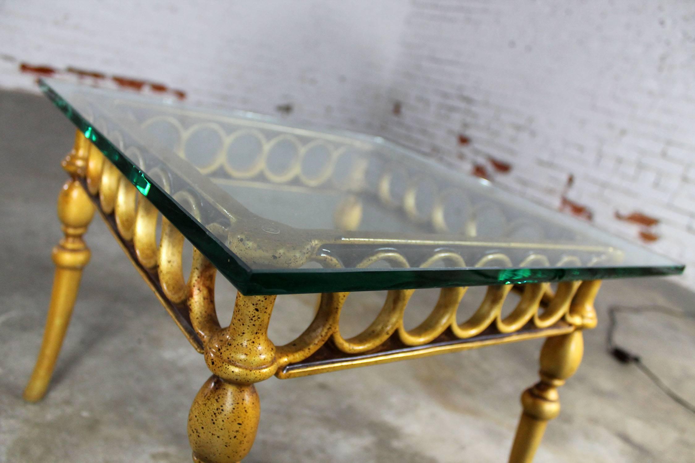 Hollywood Regency Art Deco Style Glass Topped Side Table of Gilded Cast Aluminum 5