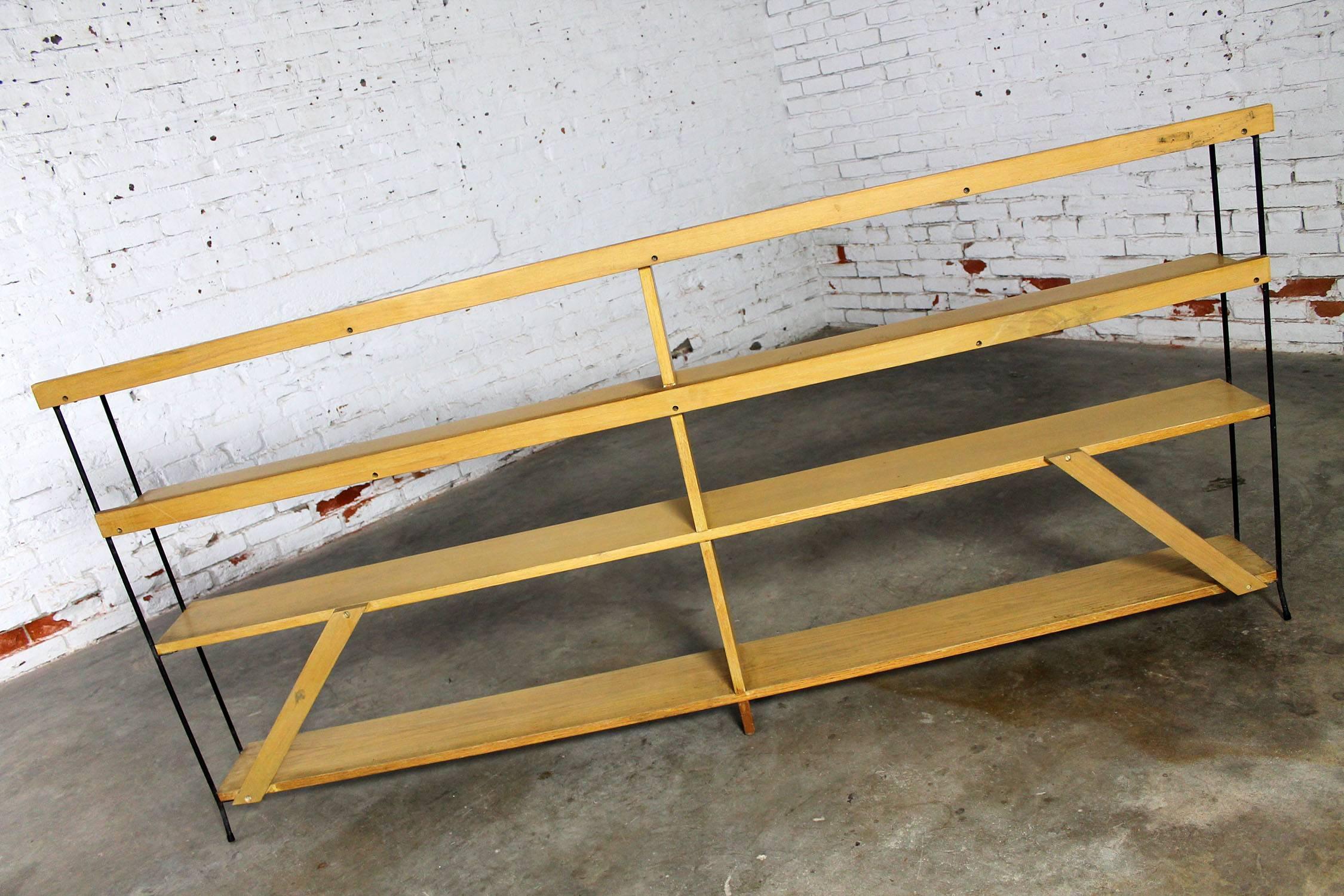 Mid-Century Modern Minimalist Iron and Blonde Oak Bookcase Shelf Room Divider In Good Condition In Topeka, KS