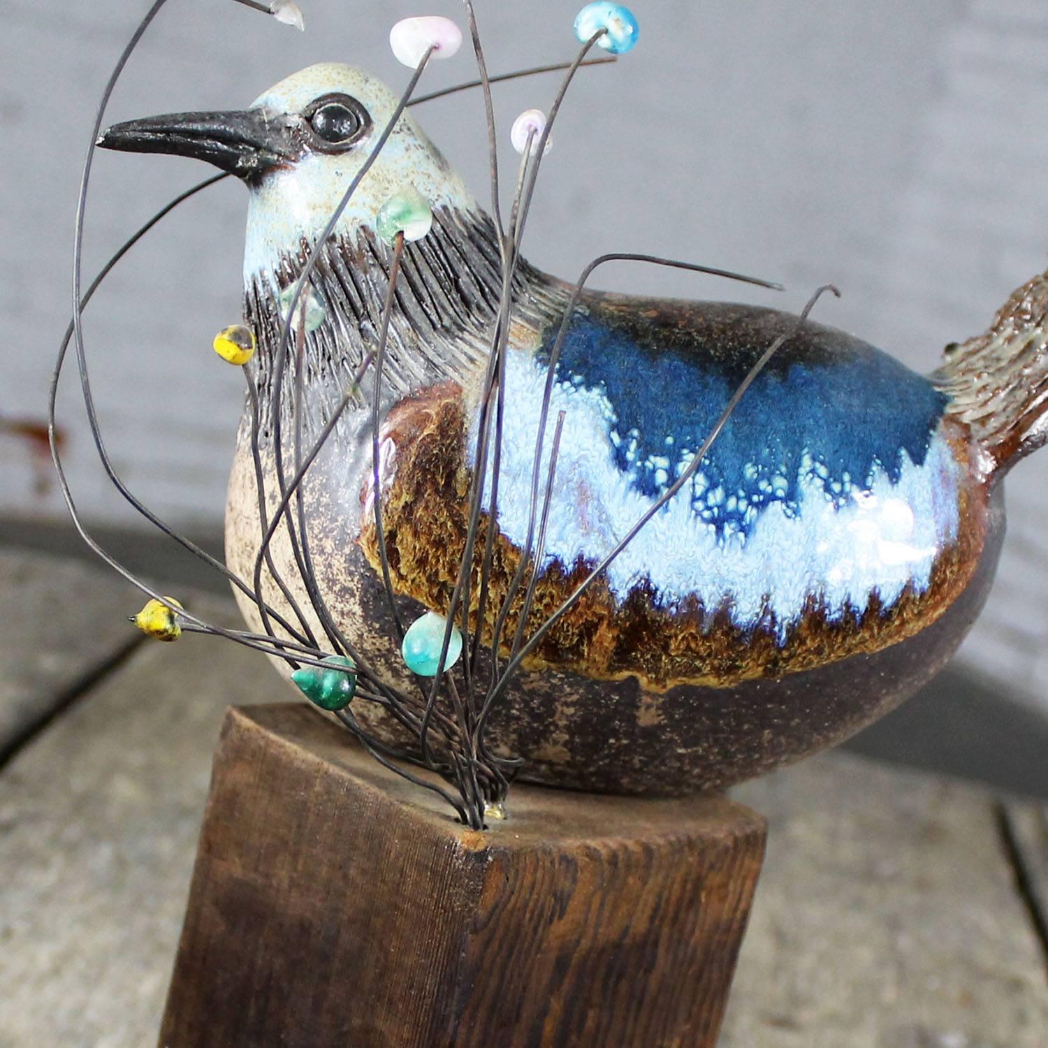 20th Century Ceramic Bird Sculpture on Wood Perch by Rosemary Laughlin Bashor