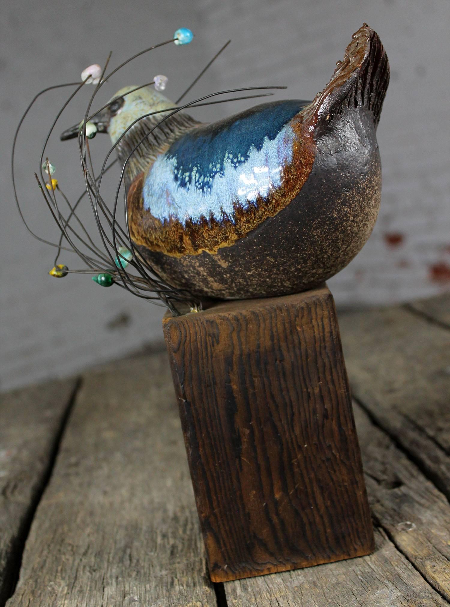 Glazed Ceramic Bird Sculpture on Wood Perch by Rosemary Laughlin Bashor