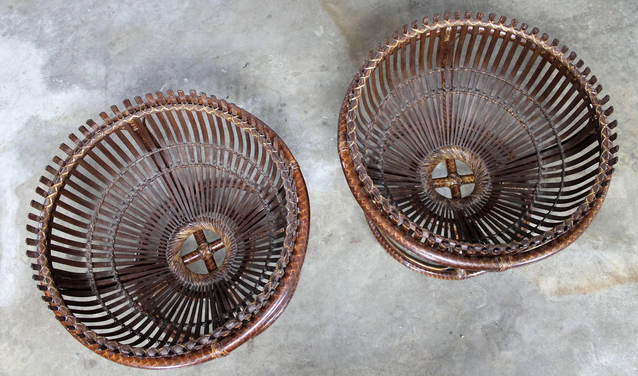 Rattan Pair of Fish Trap Basket Tables in the Style of Franco Albini