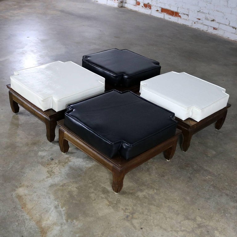 Black and White Upholstered Stacking Ottomans Teak Ming Style Feet Mid