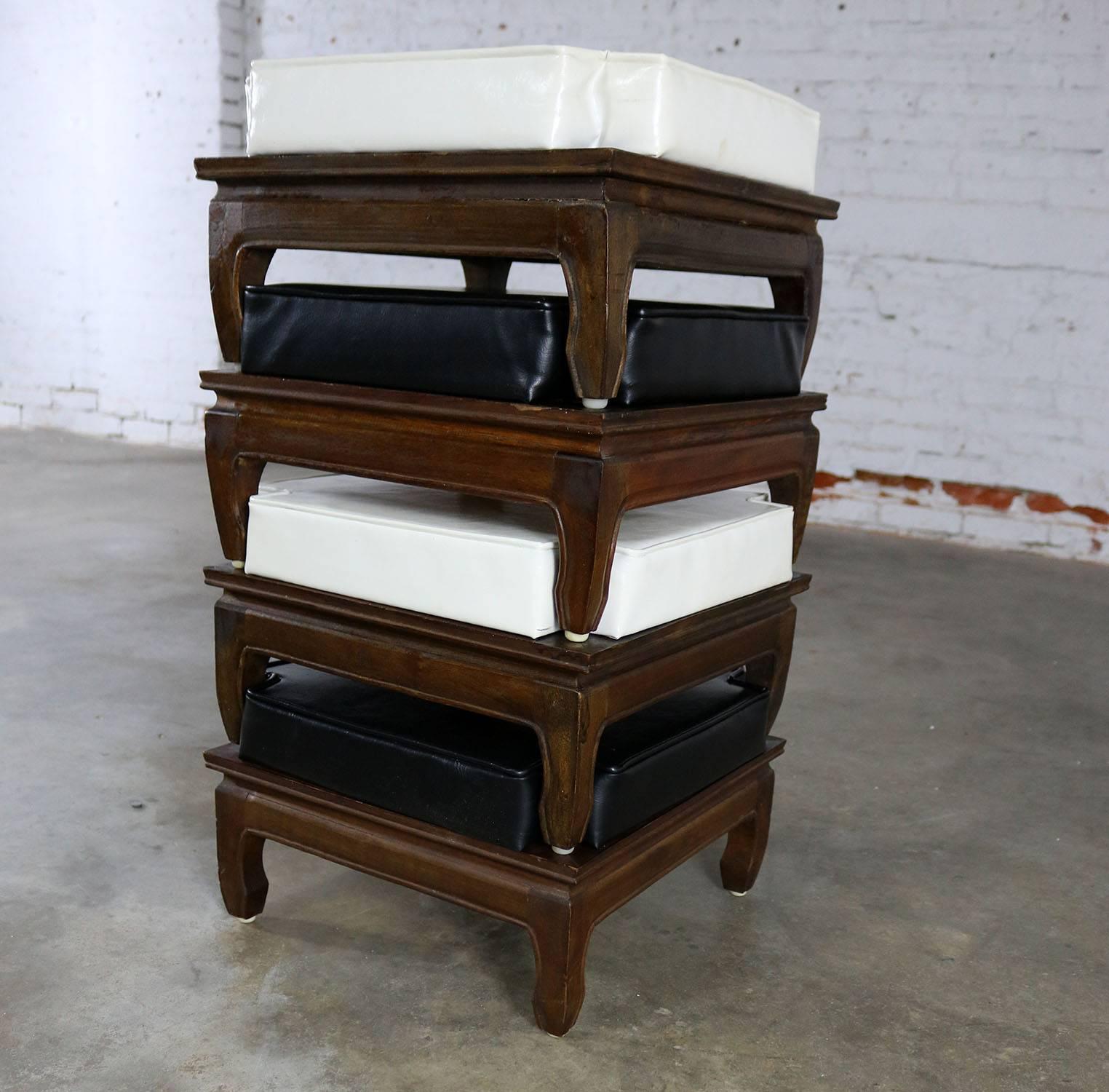 Black and White Upholstered Stacking Ottomans Teak Ming Style Feet Mid-Century In Good Condition In Topeka, KS