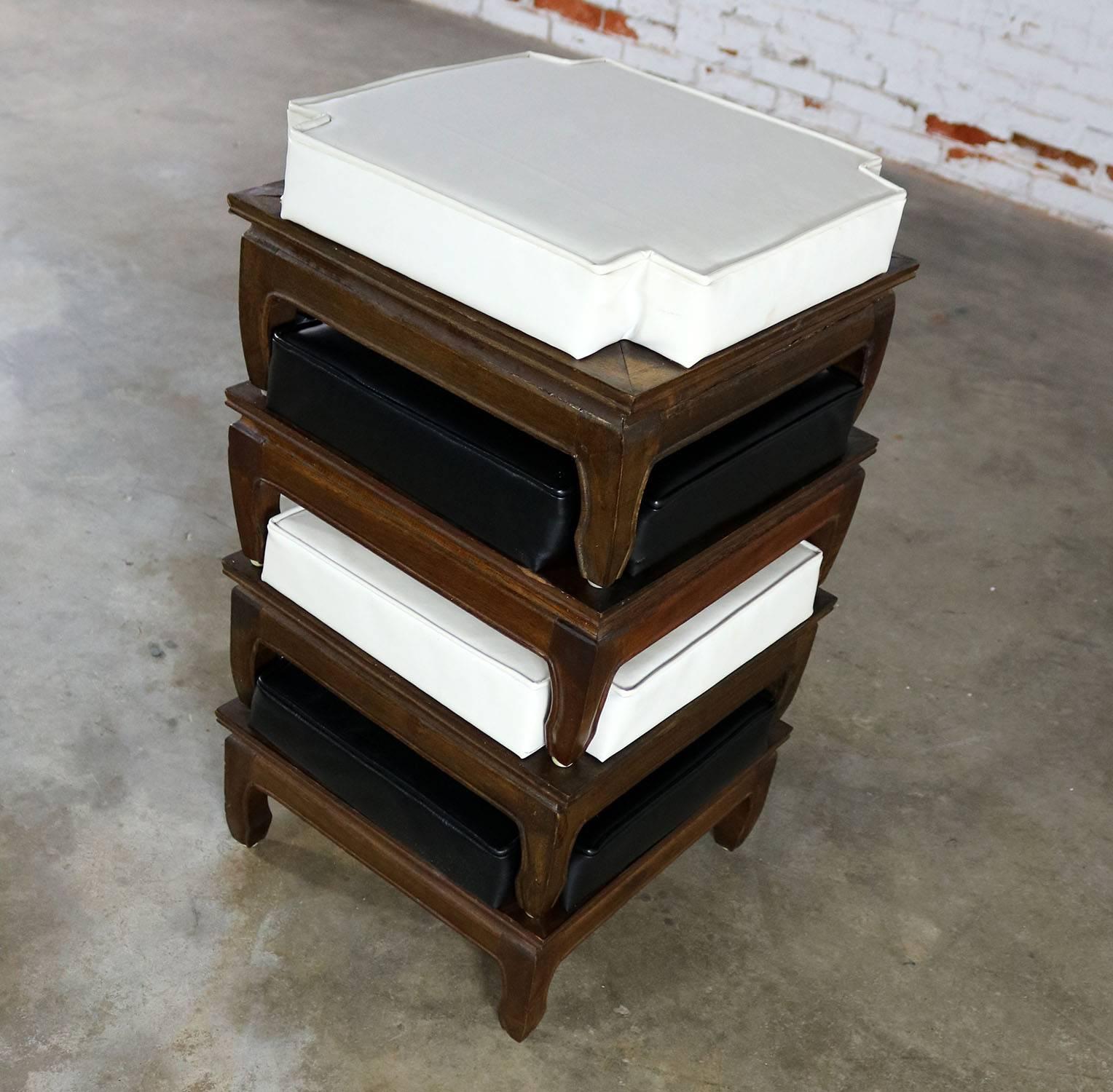 20th Century Black and White Upholstered Stacking Ottomans Teak Ming Style Feet Mid-Century