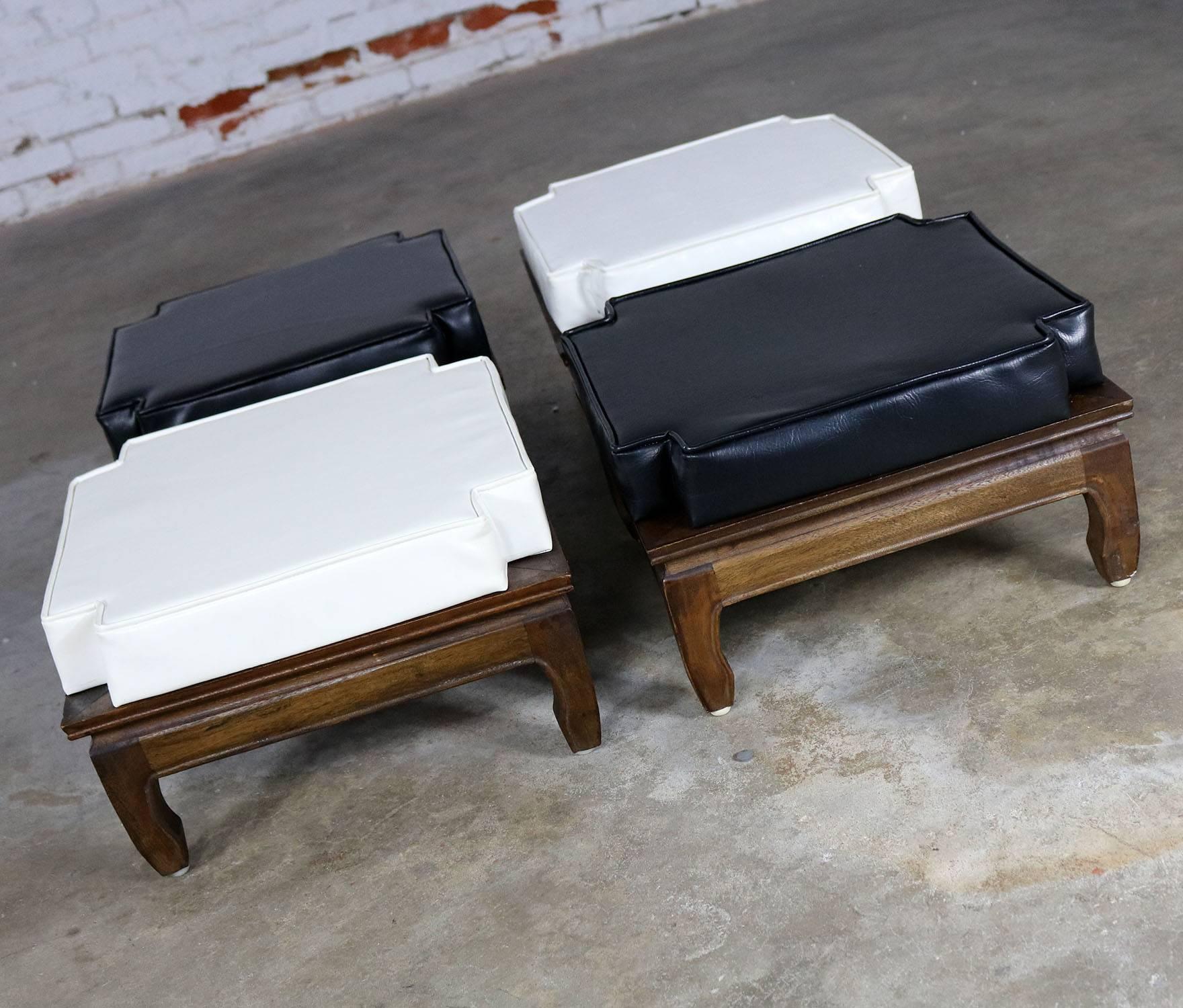 Chinoiserie Black and White Upholstered Stacking Ottomans Teak Ming Style Feet Mid-Century