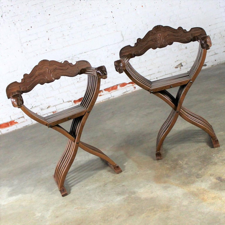 Walnut Savonarola Chairs With Carved Lion Head Arms Vintage Pair