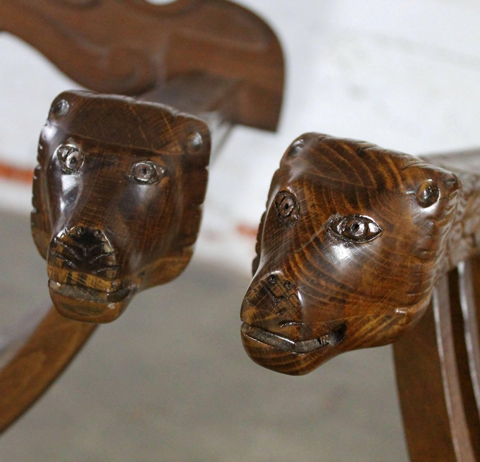 Walnut Savonarola Chairs with Carved Lion Head Arms Vintage, Pair In Good Condition In Topeka, KS