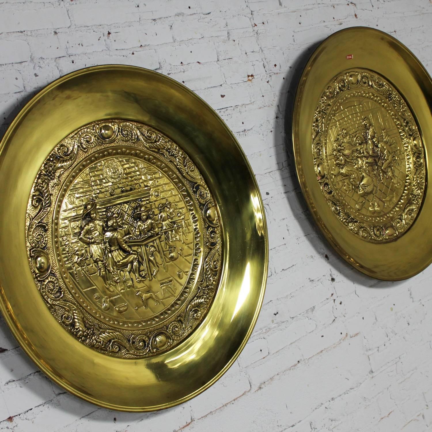 20th Century Monumental Brassware Decorative Embossed English Wall Plates by Peerage