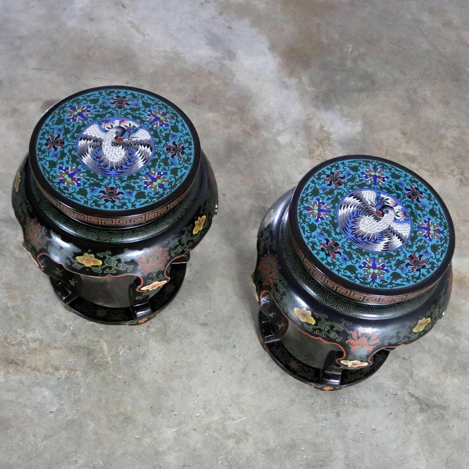 Cloissoné Chinese Cloisonné and Black Lacquered Round Stools or Side Tables