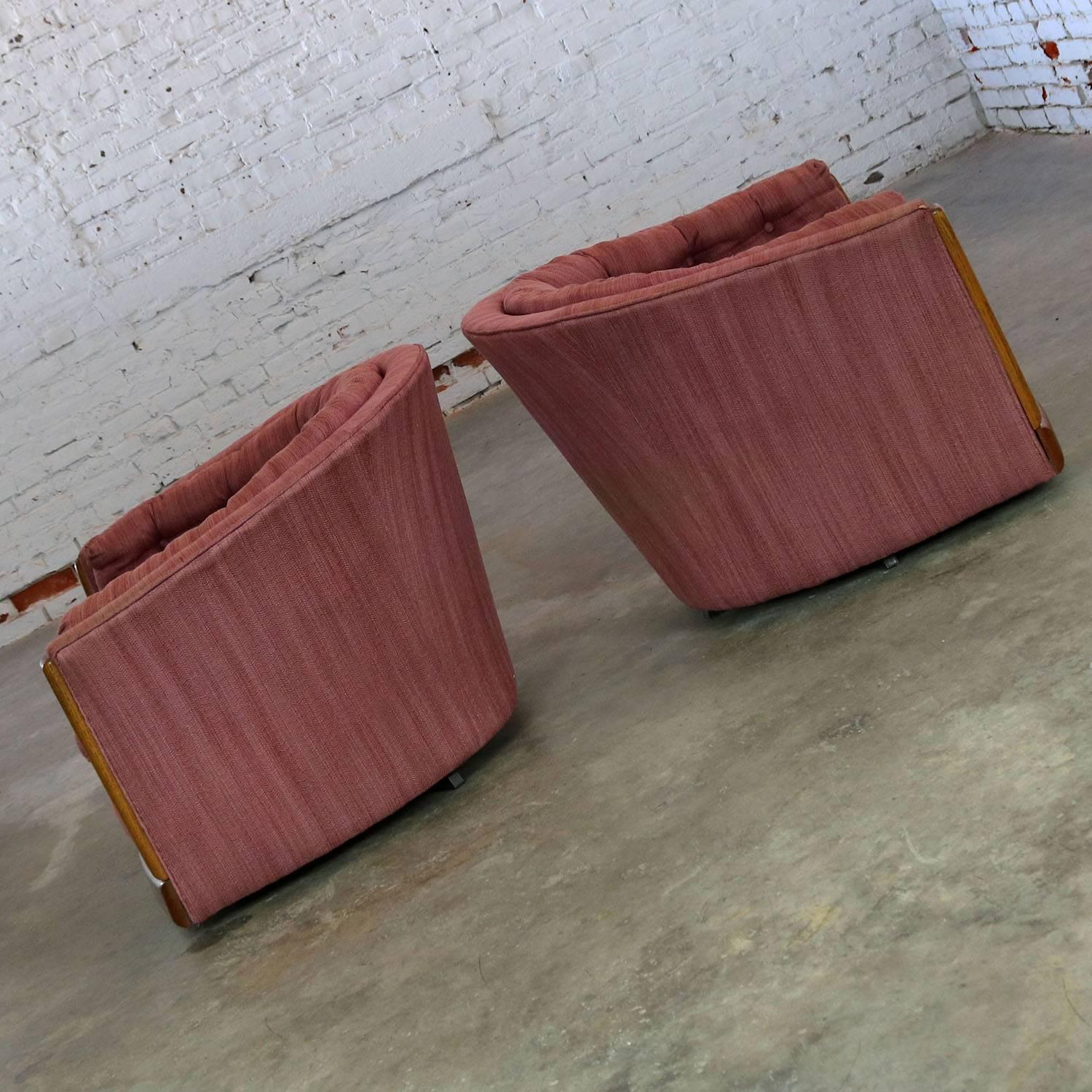 Mid-Century Modern Pair Swivel Barrel Chairs with Oak Trim Style of Milo Baughman or Harvey Probber