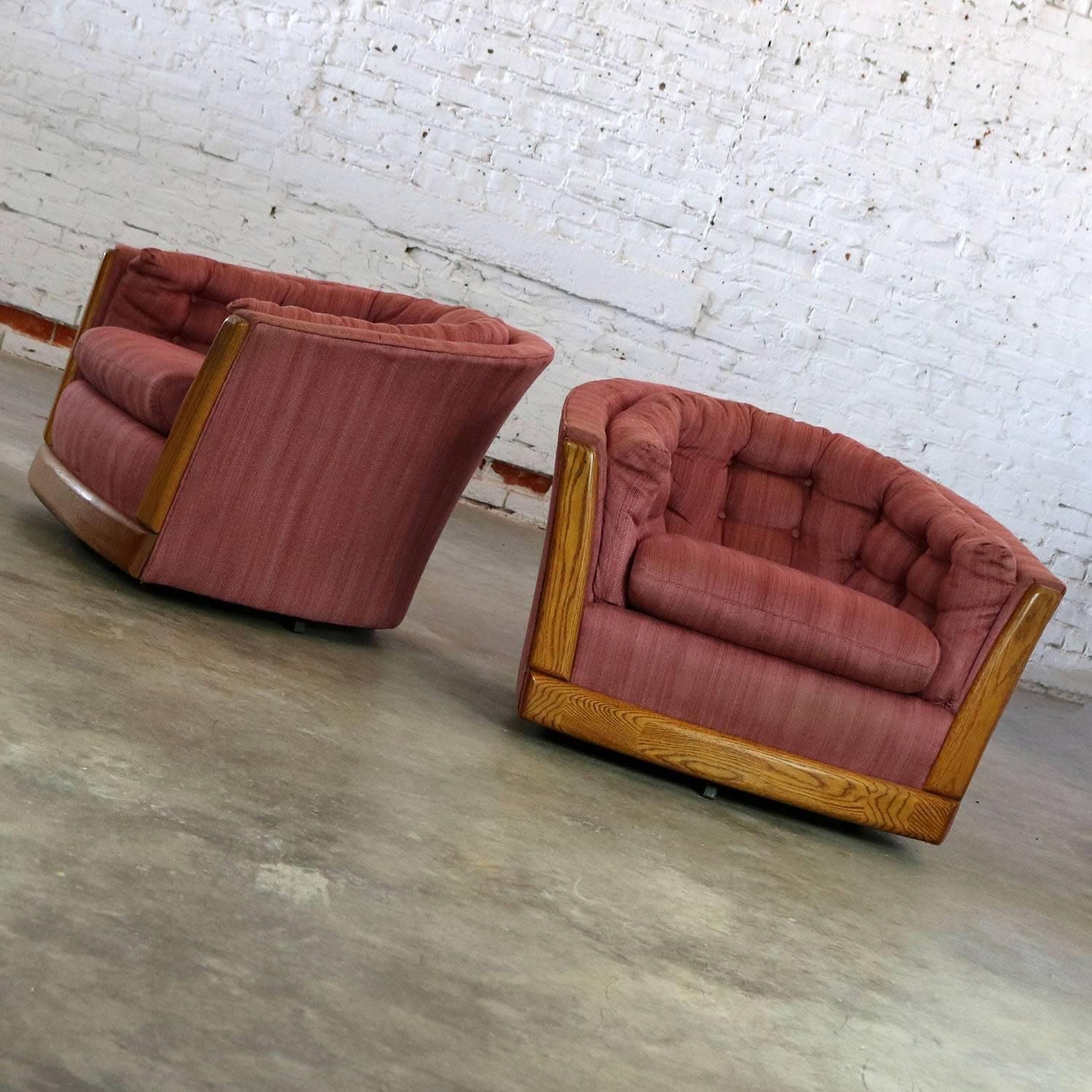 Pair Swivel Barrel Chairs with Oak Trim Style of Milo Baughman or Harvey Probber In Good Condition In Topeka, KS
