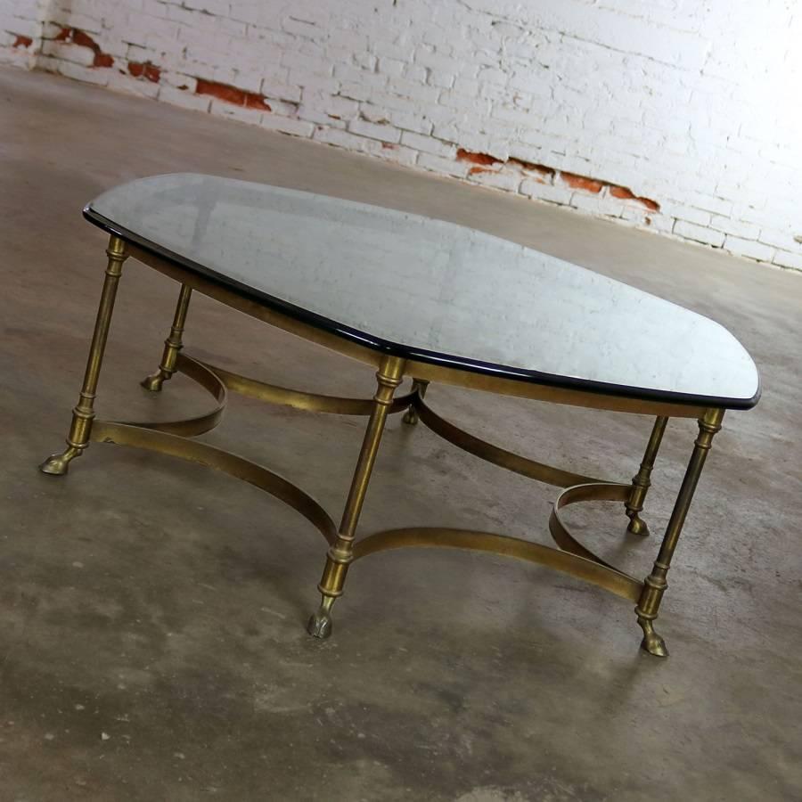 20th Century Neoclassical Hollywood Regency Brass and Glass Hexagon Coffee Table Hoof Feet