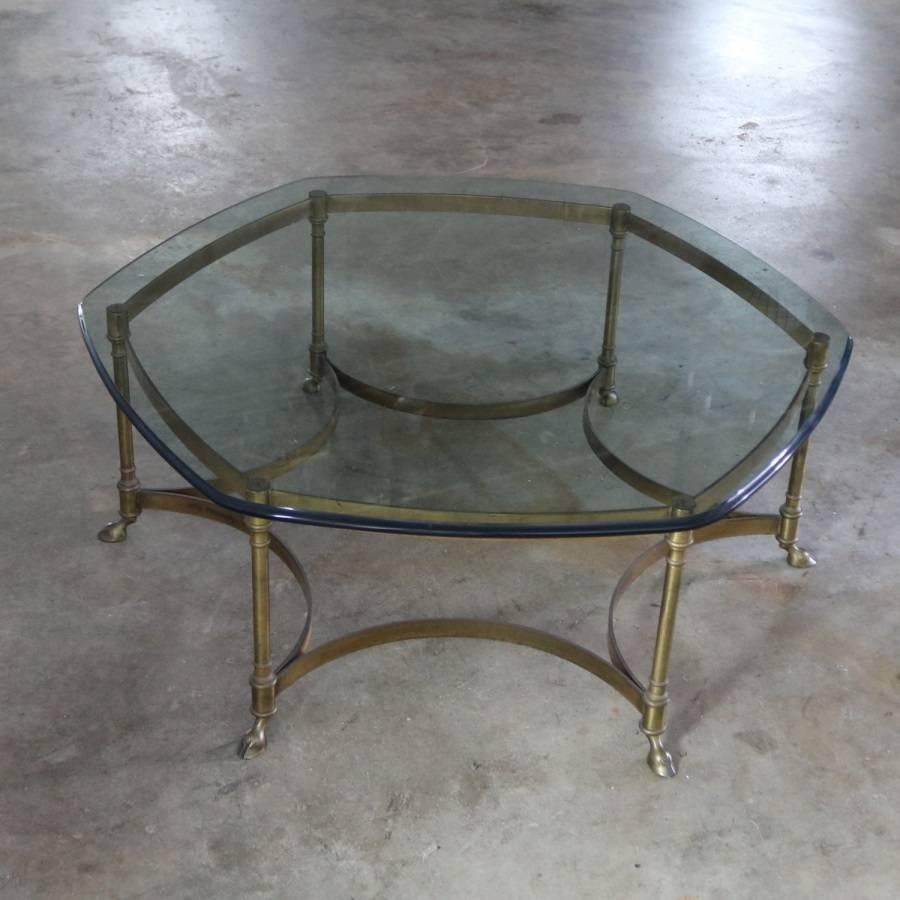 Neoclassical Hollywood Regency Brass and Glass Hexagon Coffee Table Hoof Feet In Good Condition In Topeka, KS
