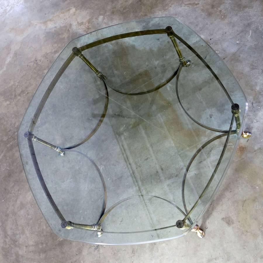Neoclassical Hollywood Regency Brass and Glass Hexagon Coffee Table Hoof Feet 1