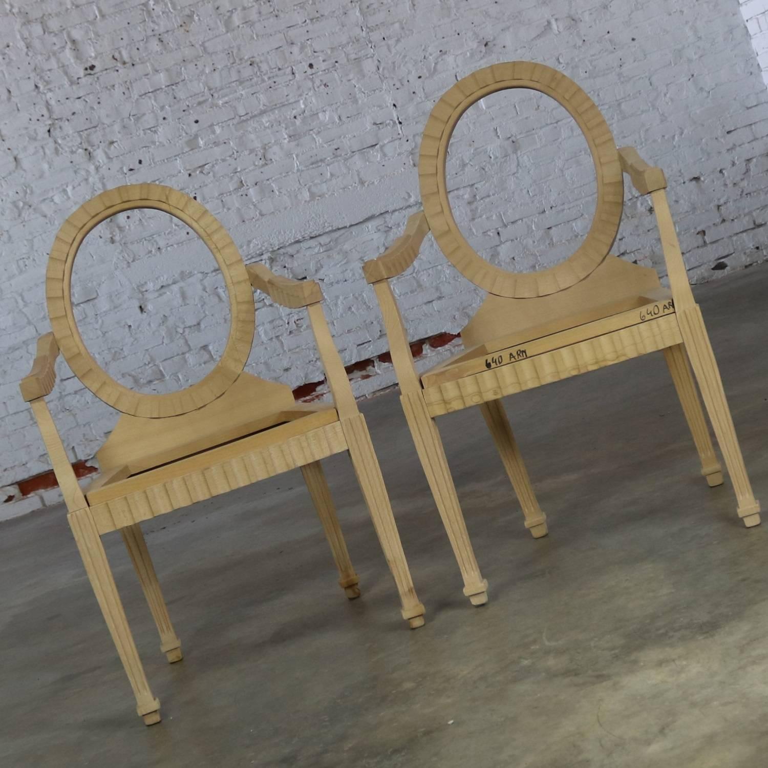 Pair of Donghia style unfinished birch armchair frames ready for you to finish and upholster. They are in ready to finish condition.

Stunning design on this pair of unfinished arm chairs. In the style of Donghia with excellent craftmanship in