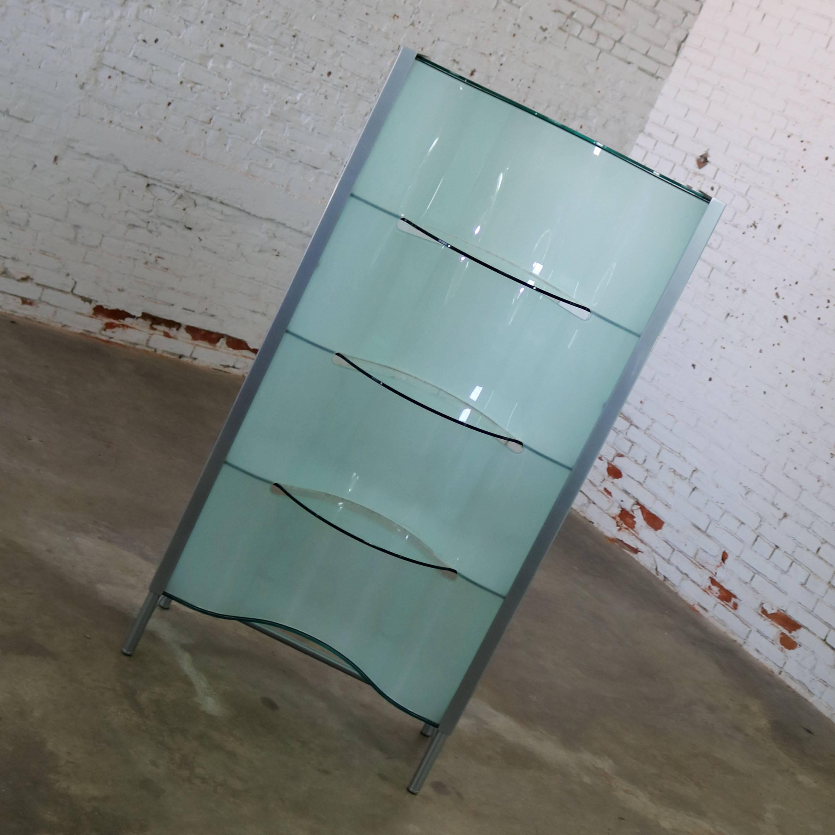 Offering a modern dual sided translucent glass and frosted glass enclosed display cabinet, vitrine, étagère, or room divider with metal frame and legs. This piece is in fabulous condition with no flaws that we have found, circa 21st century.

This